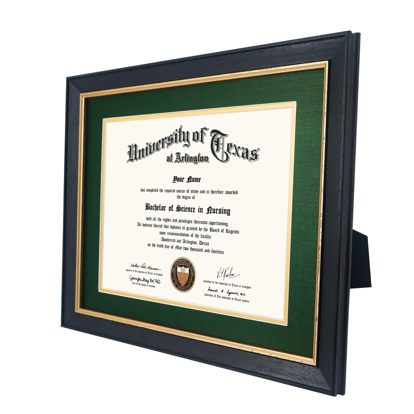 GMFrames 8.5x11 Wood Diploma Frame with Green Mat or Display 11x14 Certificates without Mat,Tempered Glass,Rustic Black Finish with Gold Trim