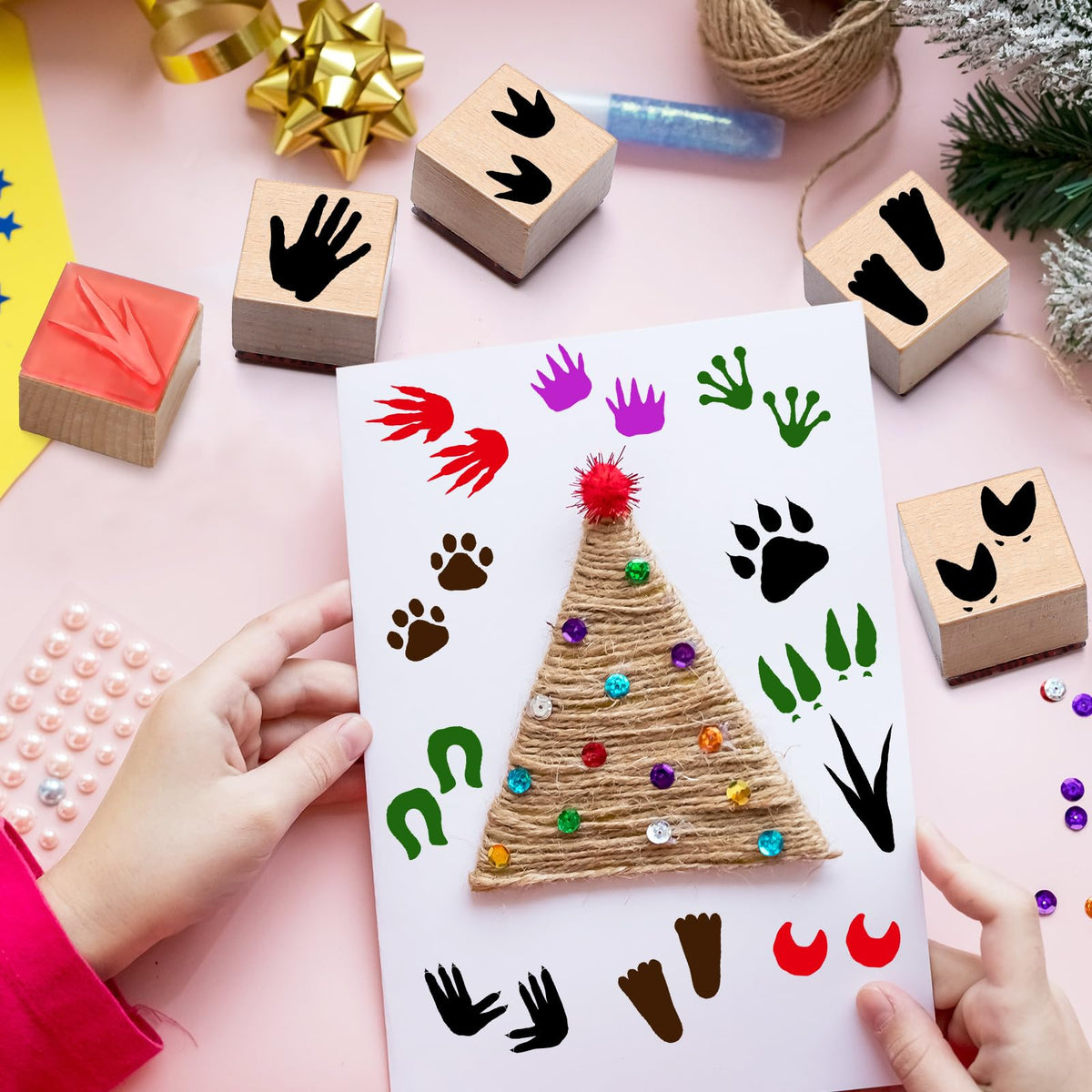 MotiMind 18 Pcs Animal Footprints Wood Stamps Set Wooden Rubber Holiday Stamps for Card Making Decoration and Scrapbooking Supplies