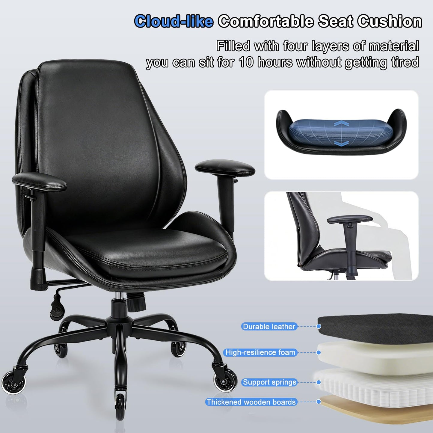 BEWISHOME Office Chair with Rubber Wheels, Big and Tall Office Chair, Ergonomic Office Chairs, Executive Desk Chair, Black PU Leather Computer Comfy Chairs with Lumbar Support, Adjustable Armrests