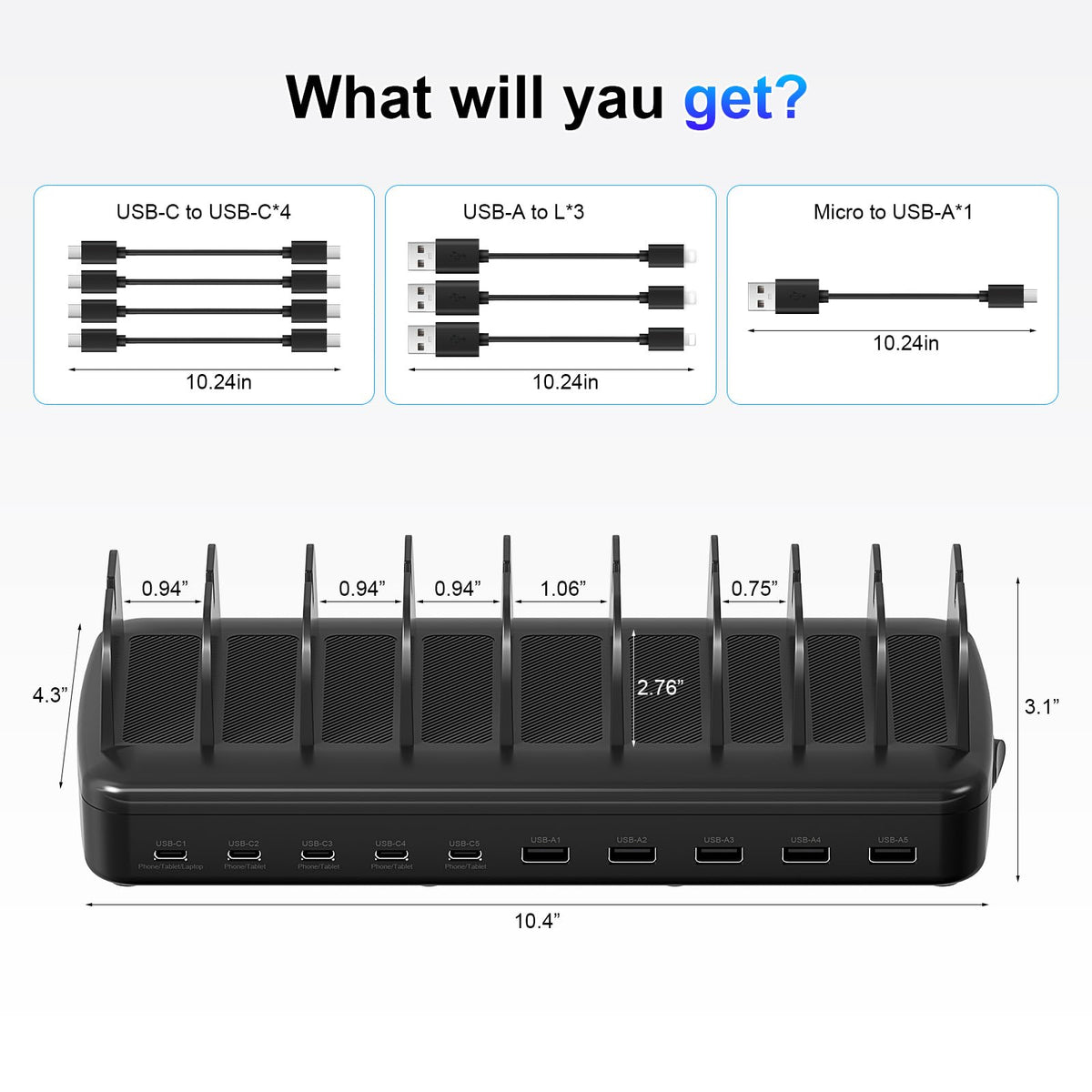 510W Fast Charging Station for Multiple Devices, 10 Port USB C Charger Station with Flame-Retardant Material & 8 Cables for iPhone, Android, iPad, Tablets, Family Office Desk Charging Dock Organizer