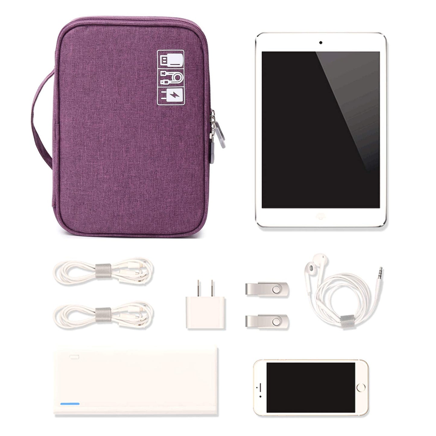 mygreen Electronics Travel Organizer Storage Bag, Double Layer Universal Traveling Gear Accessories Carrying Cover Pouch for iPad Mini Cables Phone Chargers Adapter Flash Hard Drive and More Purple