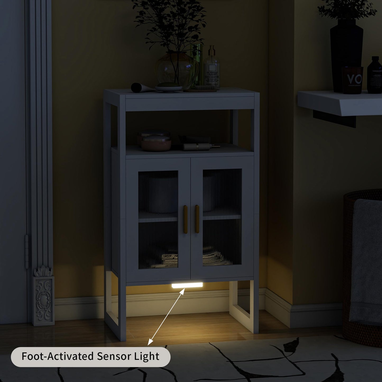 Edospaen Bathroom Floor Storage Cabinet Freestanding Organizer with Sensor Light & Acrylic Doors for Bathroom, Home Office, Bedside, Sofa Side Table