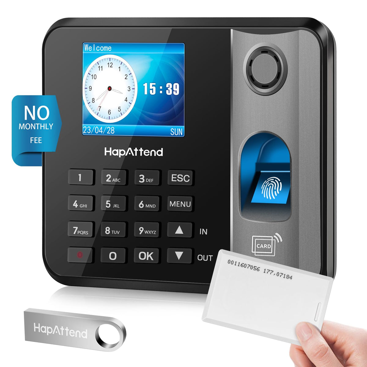 HapAttend Time Clock - Fingerprint Time Clocks for Employees Small Business Automatic Calculate Hours, No WiFi H1 Standalone Biometric Clock in Machine for Employees with 5 RFID Cards (0 Monthly Fees)
