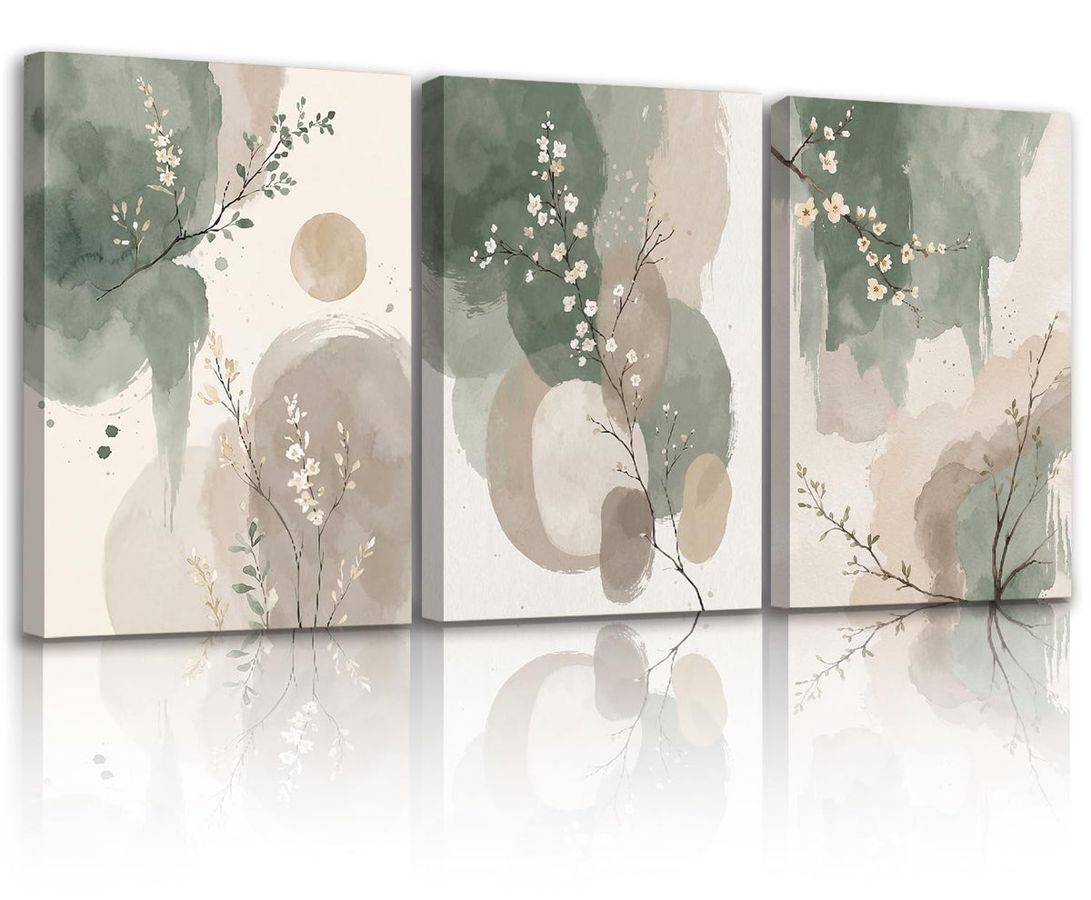 Framed canvas floral wall art neutral colors hazy feel botanical print poster gallery style painting print for living room bedroom bathroom office 16x24 inch 3-piece set.