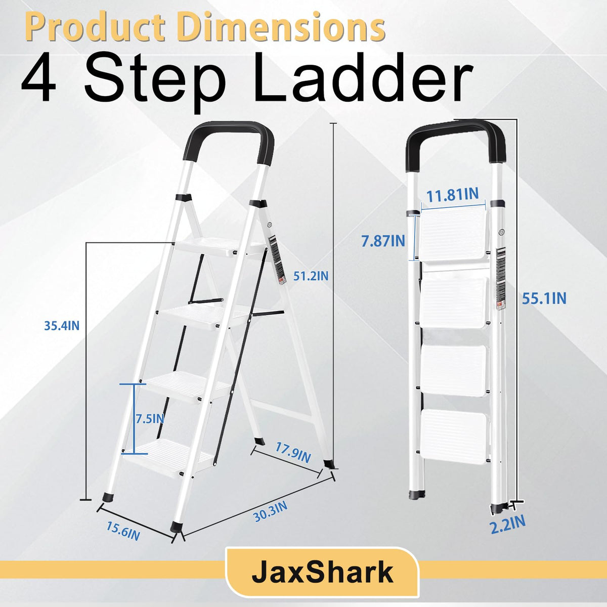 JaxShark 4 Step Ladder Folding Step Stool with Handrail 500LBS Capacity Sturdy Carbon Steel Frame Anti-Slip Pedal & Feet Portable for Home Kitchen Garage Bathroom (white-4step)