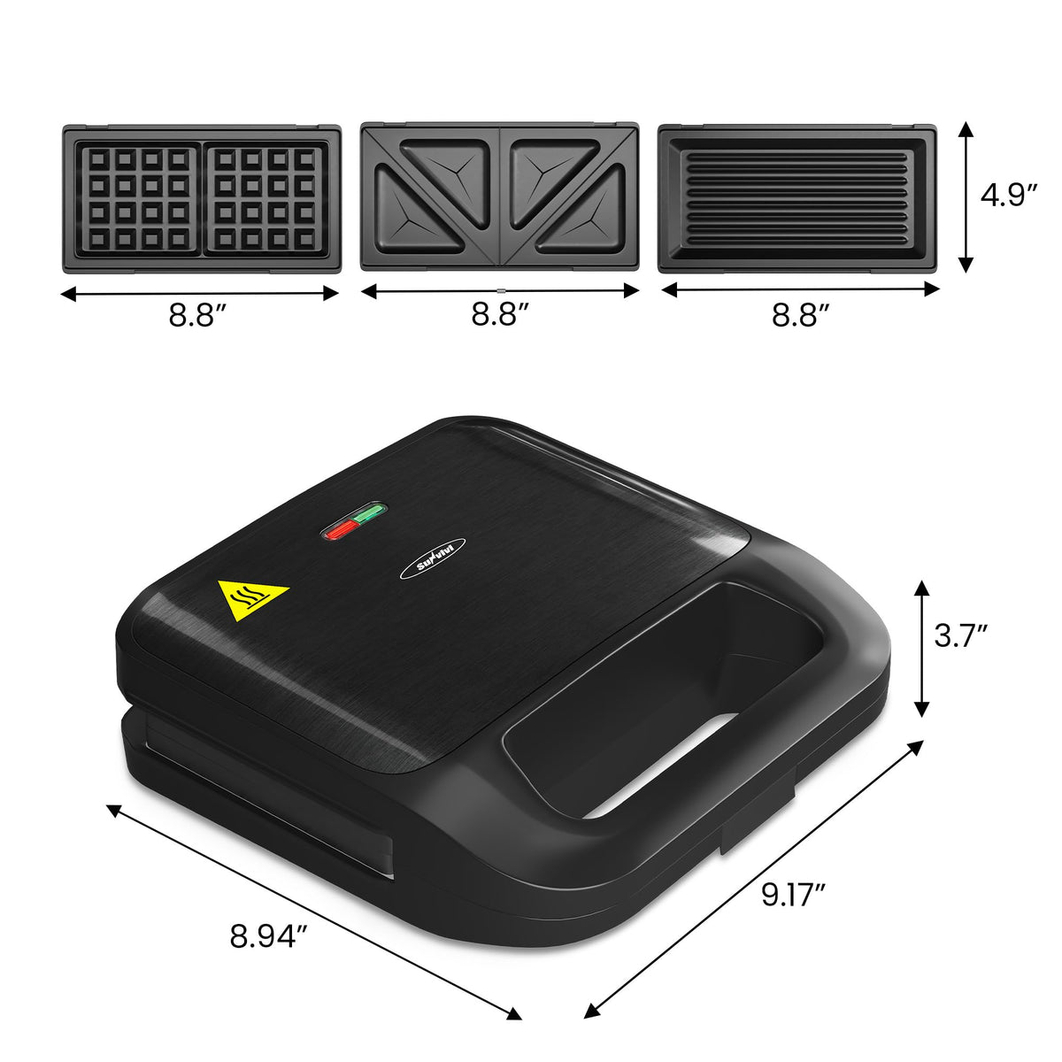 Sunvivi Sandwich Maker Panini Press: Waffle Maker with Removable Plates, 3 in 1 Sandwich Maker Press with Non-Stick Plates, Indicator Lights & Cool Touch Handle, 750W, Black