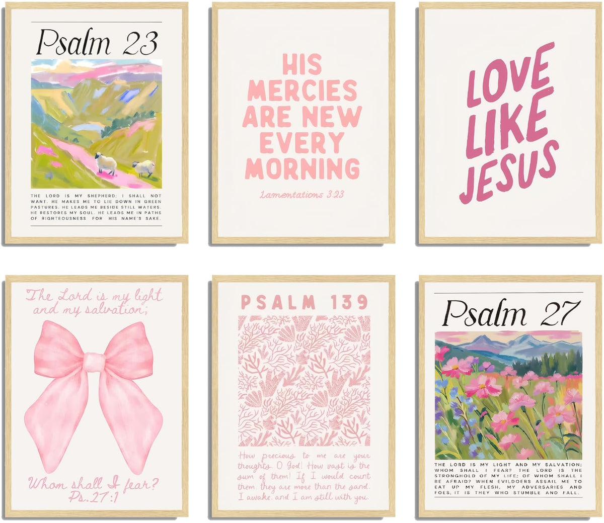 Pink Christian Posters Wall Art Set of 6 Bible Verse Canvas Wall Decor Religious Pictures Prints Scripture Bundle Bow Artwork Girls Room Trendy Preppy Painting Home Decoration 8x10 Inch Unframed