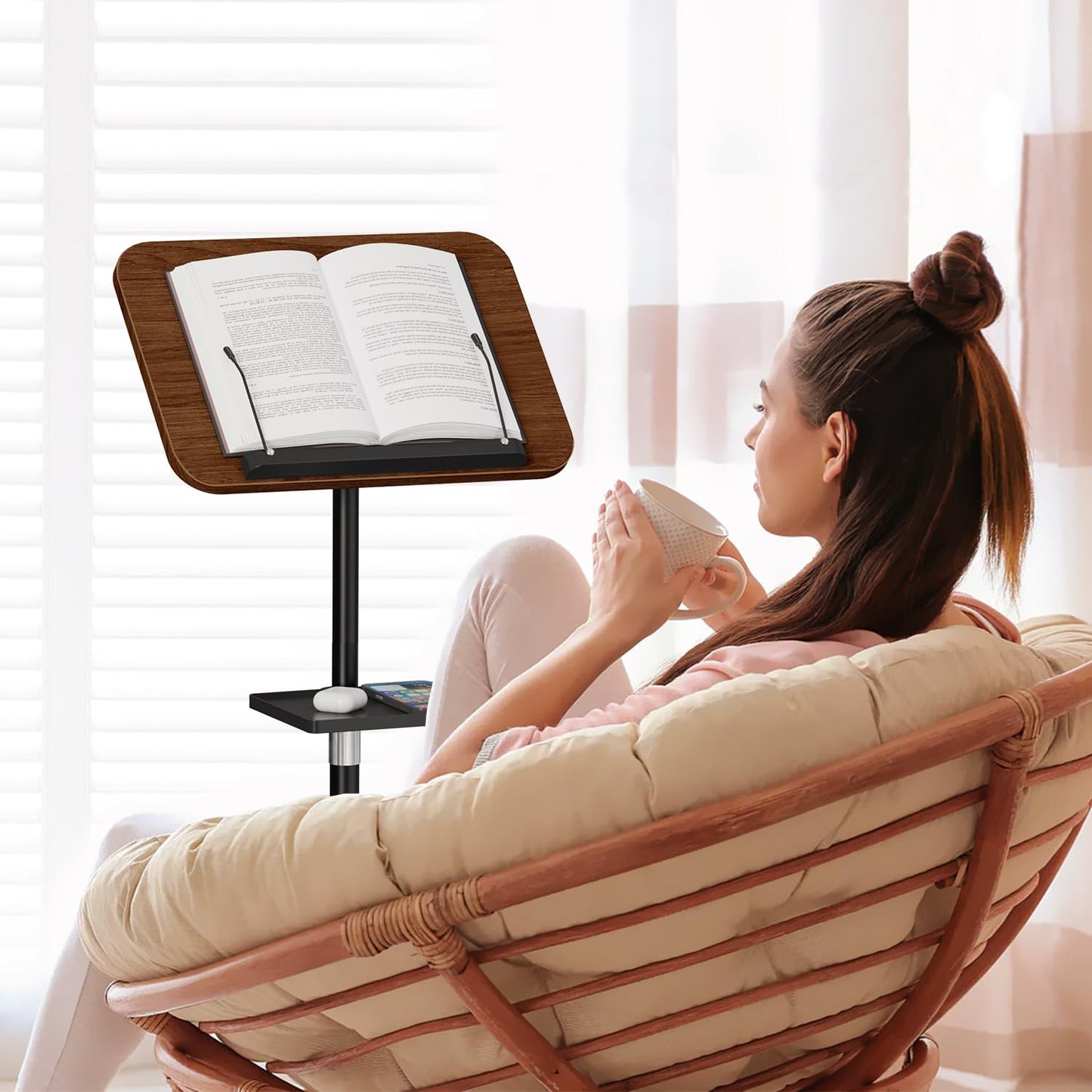 Snughome Floor Book Stand with Removable Tray, Wood Standing Book Stand for Reading, Height Adjustment 21"-51", Music Stand Cookbook Stand Textbook Stand Laptop Stand Book Holder for Display