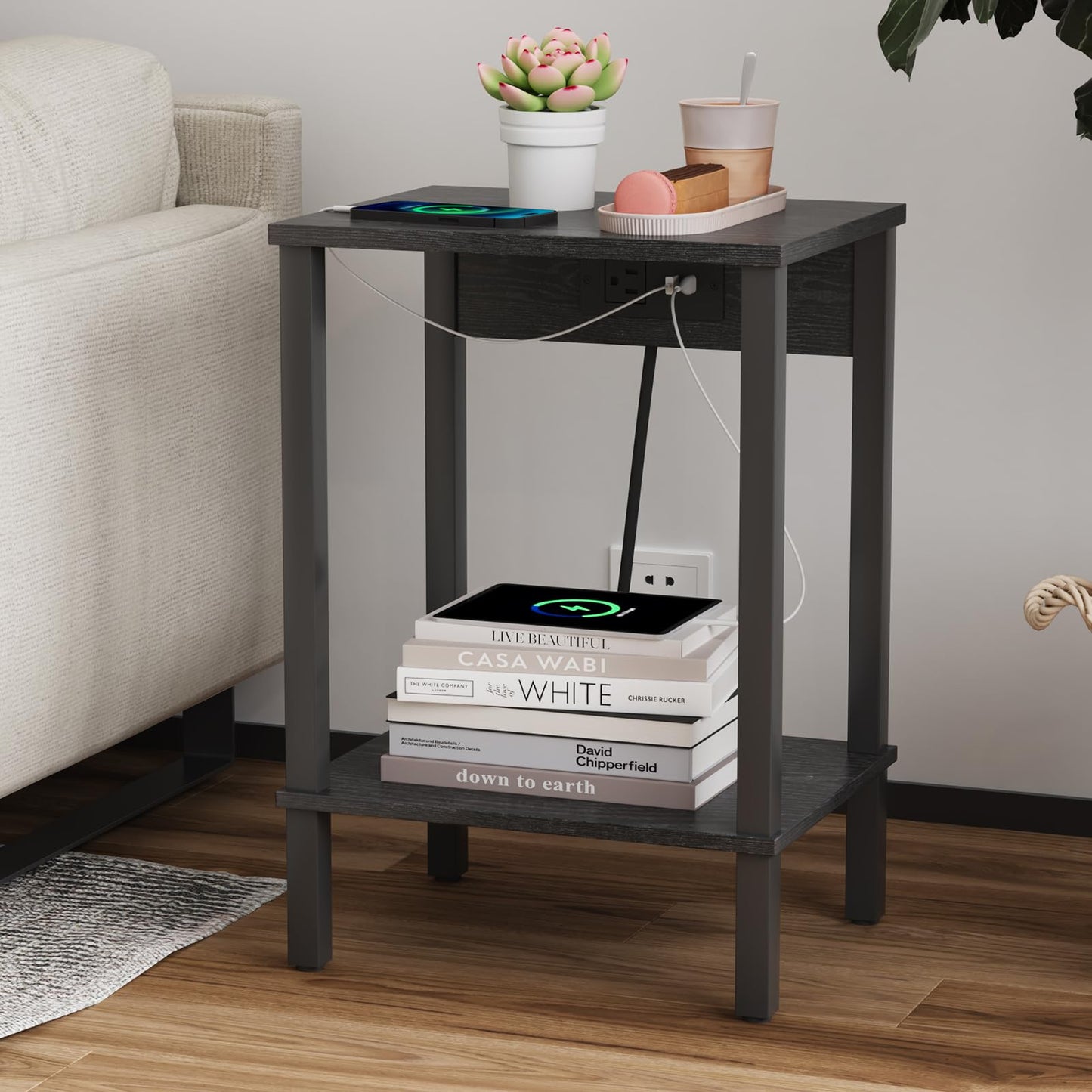 VIMBER Side Table with Charging Station, Set of 2 End Tables with USB Port and Outlets, Nightstands with 2-Tier Storage Shelves, Sofa Table for Small Space, Living Room, Bedroom Black 102B2