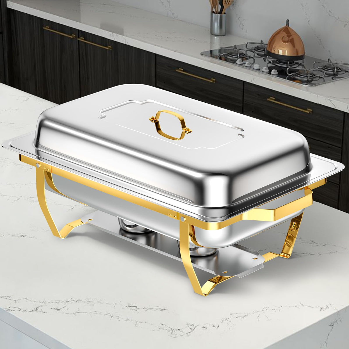 Keyoxy Chafing Dishes for Buffet, 8 Qt High Grade Chafing Dish Buffet Set, Rolled-Edge Design Food Warmers for Parties, Buffet, Wedding, Birthday, Camping 4 Pack 4 Pans [Half Gold]