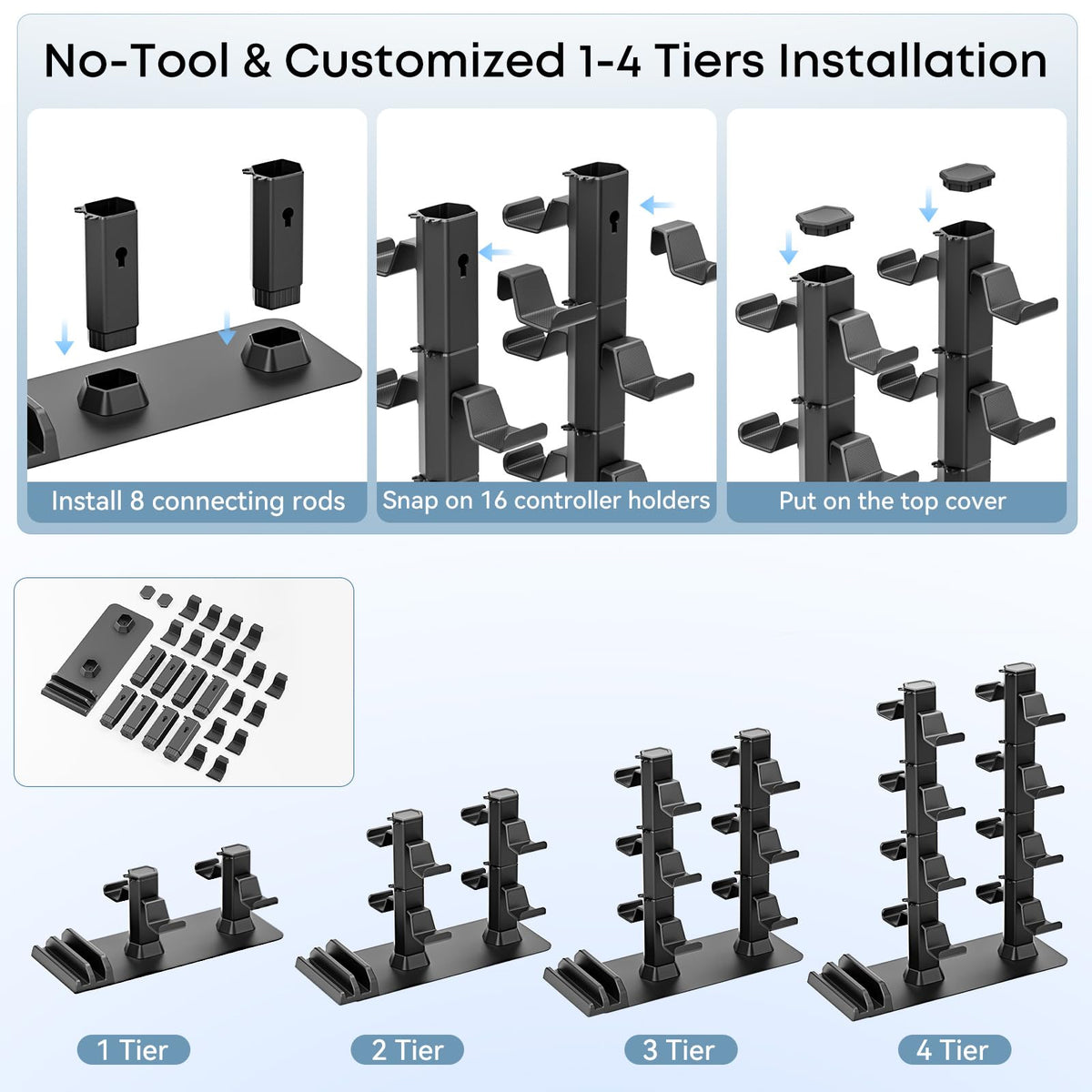 Headphone and Game Controller Desk Stand for PS5/ Xbox/ PS4 Controller, 4 Tiers Headset Hanger with Organizer for Switch 2/1/PS Portal Game Console, Multiple Controller Storage Dispay Rack-16 Hooks