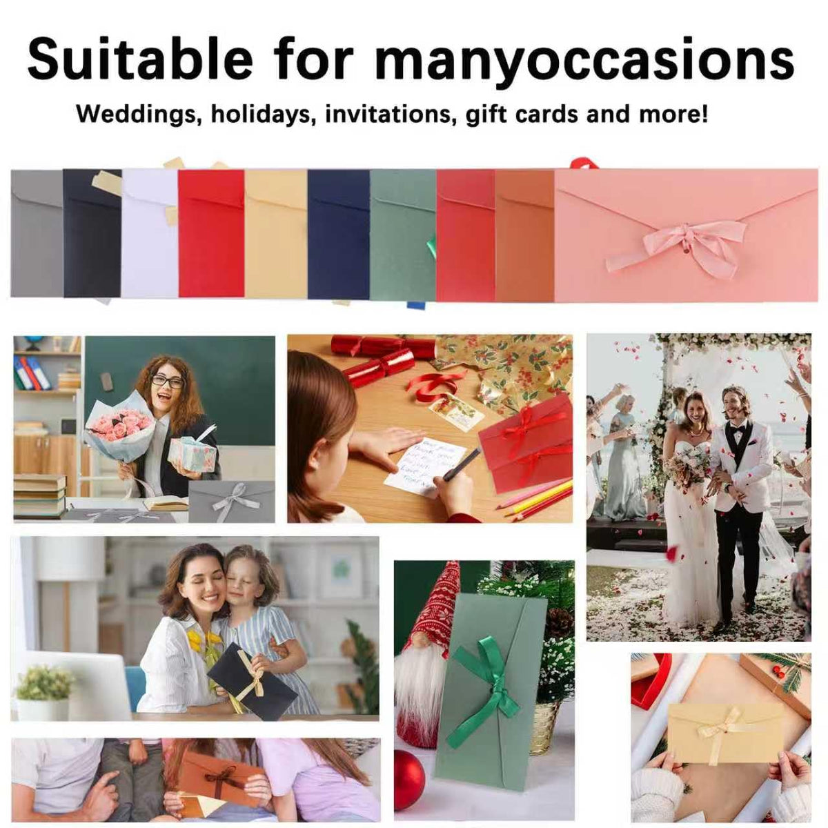50 Pieces Multicolor Envelopes with Bow Tie Closure, Paper Greeting Card Holders for Invitations Mail Postcard Bills Wedding Party Favors Business Cards, 8.66 x 4.33 Inches