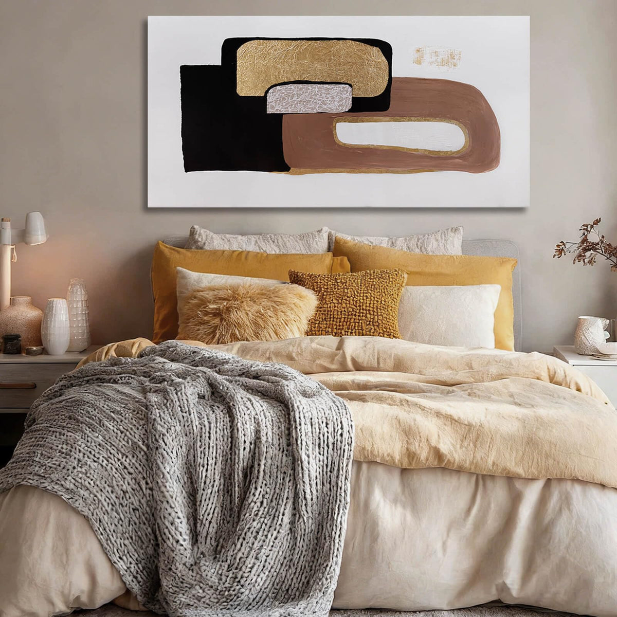 NBAODAN Minimalist Room Decor Black Brown and White Wall Art Modern Abstract Wall Decor Gold Foil Painting on Canvas Artwork for Living Room Bedroom 24x48 Inch