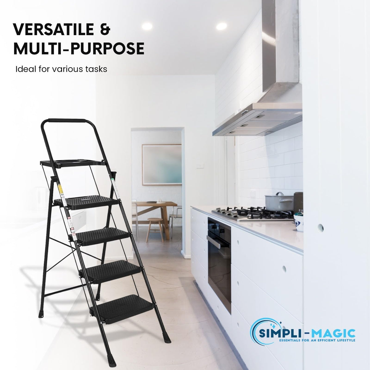 Simpli-Magic 4-Step Ladder, 800 LBS Capacity Folding Step Stool – Anti-Slip Wide Steps & Handgrip – ANSI Certified Lightweight & Durable Steel Stepping Stool for Kitchen, Home, Office & Garage