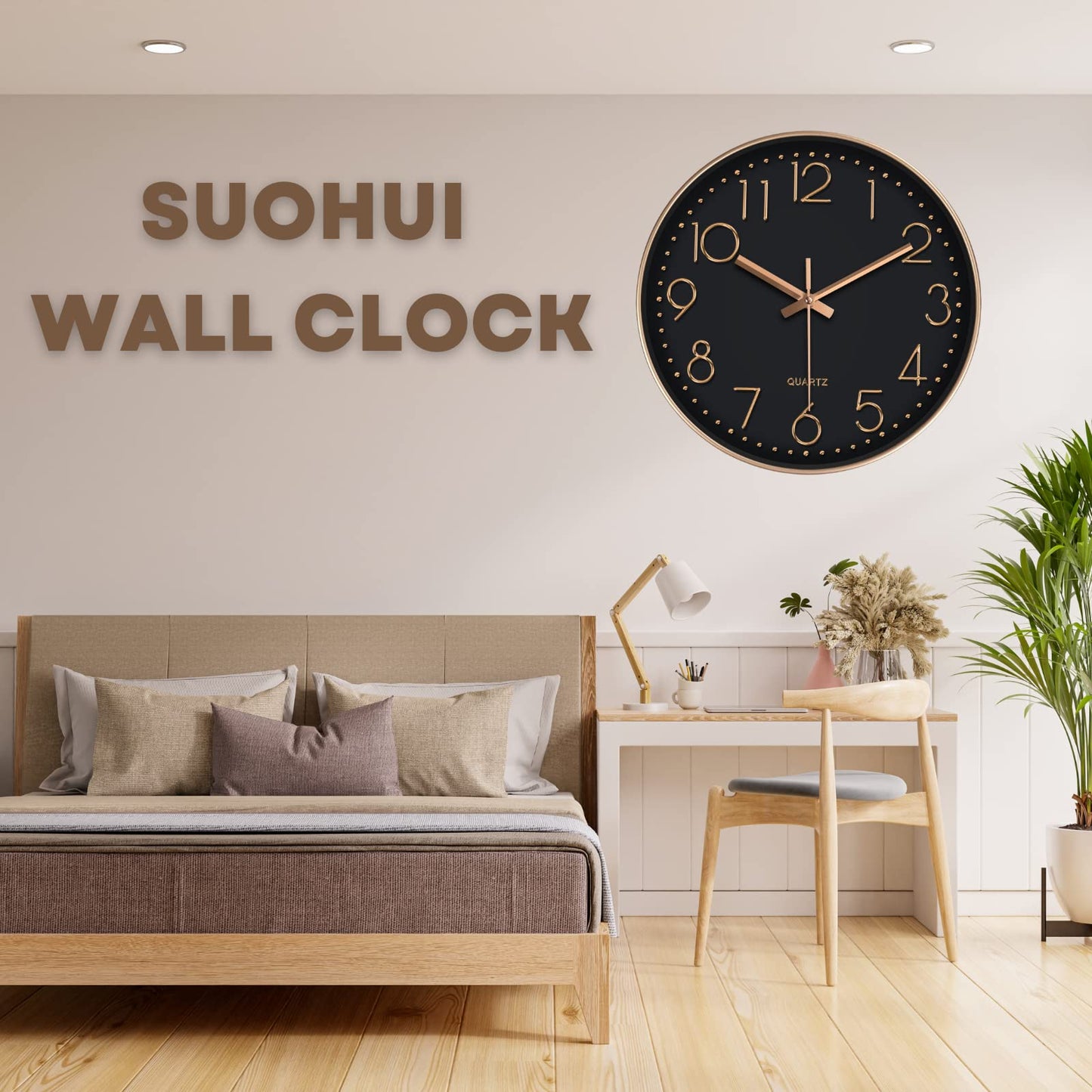 SUOHUI Silent Wall Clock 12 Inch Non-Ticking Wall Clocks Battery Operated for Living Room Decor Modern Wall Clock for Home/Bedroom/Office/Classroom/School/(Rose Gold)