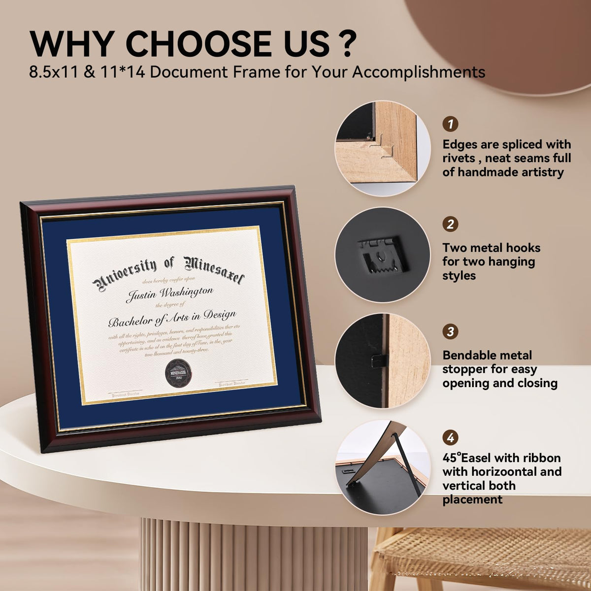 GAMYPET Solid Wood Diploma Frame 8.5 x 11 Certificate Frames with Navy Mat or 11x14 Document without Mat as Graduation Picture Frame