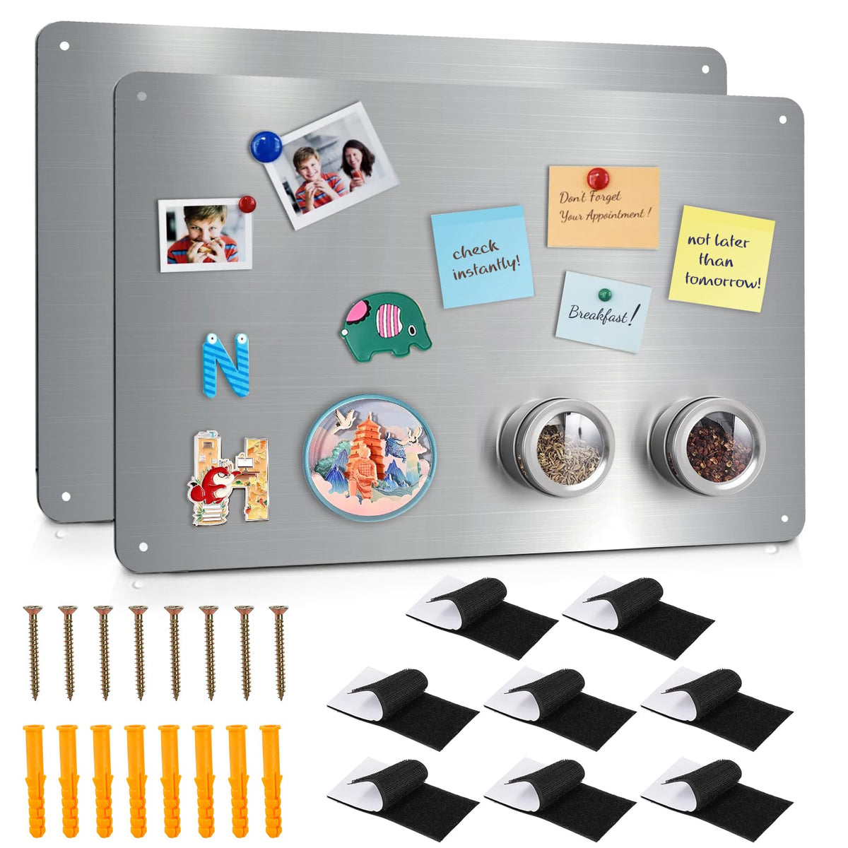 Bekith 2 Pack Stainless Steel Magnetic Board, 17.1" x 11.8" Magnet Bulletin Board to Display Magnetic Letters Numbers, Notes, Poetry, Photos, Spice Jars, Suitable for Wall, Refrigerator, Cabinet