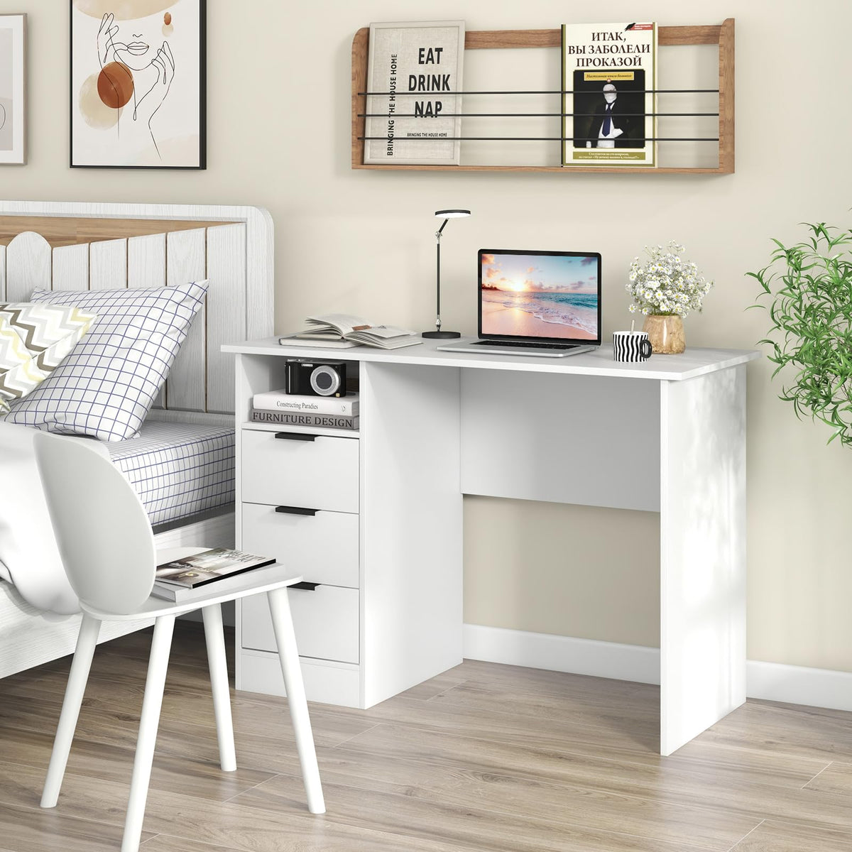 Tangkula White Desk with 3 Drawers & Charge Station, Home Office Desk with Open Shelf, Study Writing Desk, PC Desk Computer Workstation, Modern Computer Desk for Bedroom, Study