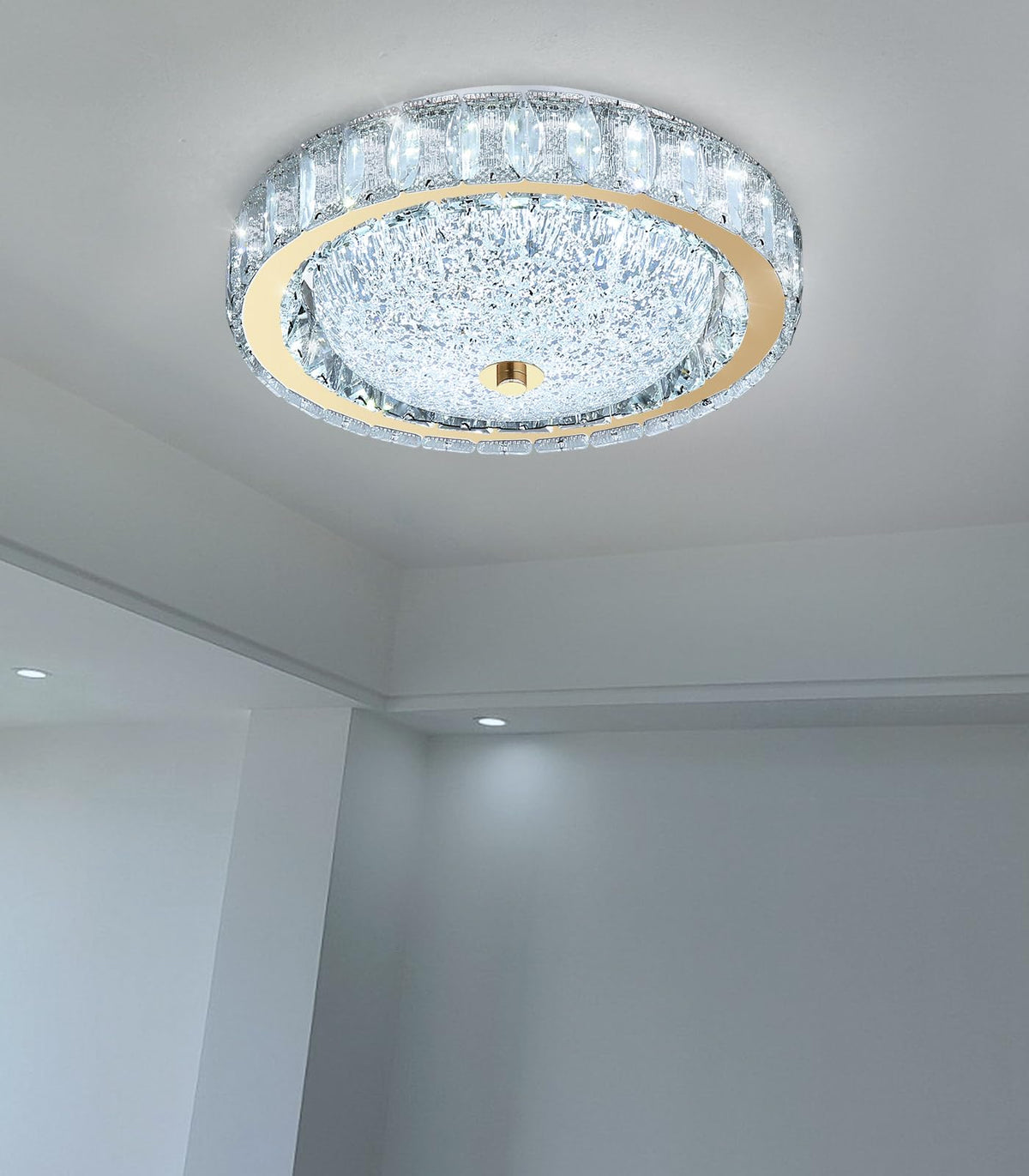 AFQEJG 11.8" Modern Mini Crystal Chandelier Dimmable LED Flush Mount Ceiling Light with Remote Control for Bedroom Hallway Dining Room Gold