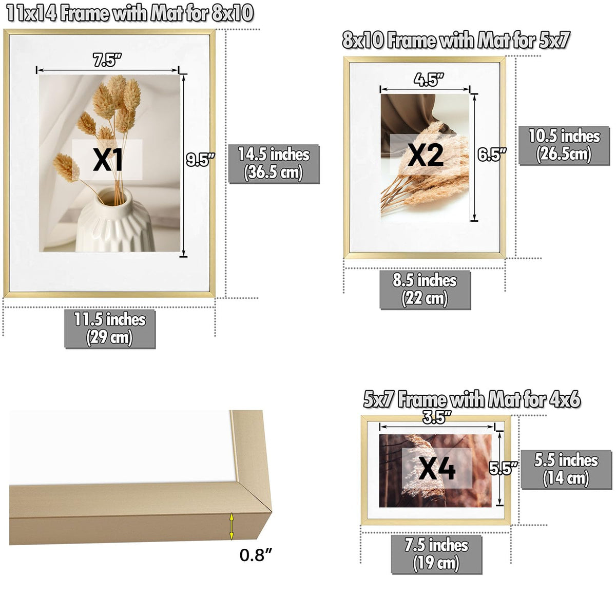 Golden State Art, Aluminum Gallery Wall Frame Set of 7 - Includes One 11x14, Two 8x10, and Four 5x7 - Metal Frames with Mat & Real Glass Cover for Elegant Home or Office Decor (Style 2, Gold)