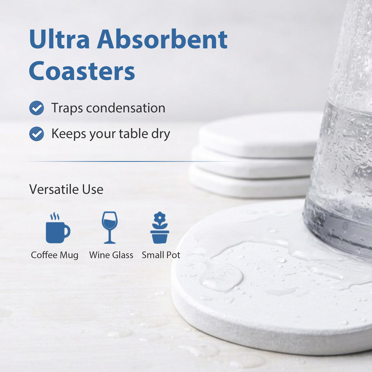 Diatomaceous Earth Coasters Set of 6 for Drinks, Moisture Water Absorbent Stone Coasters for Table Desk at Work, Water Absorbing Instant Drying Diatomite, Modern White