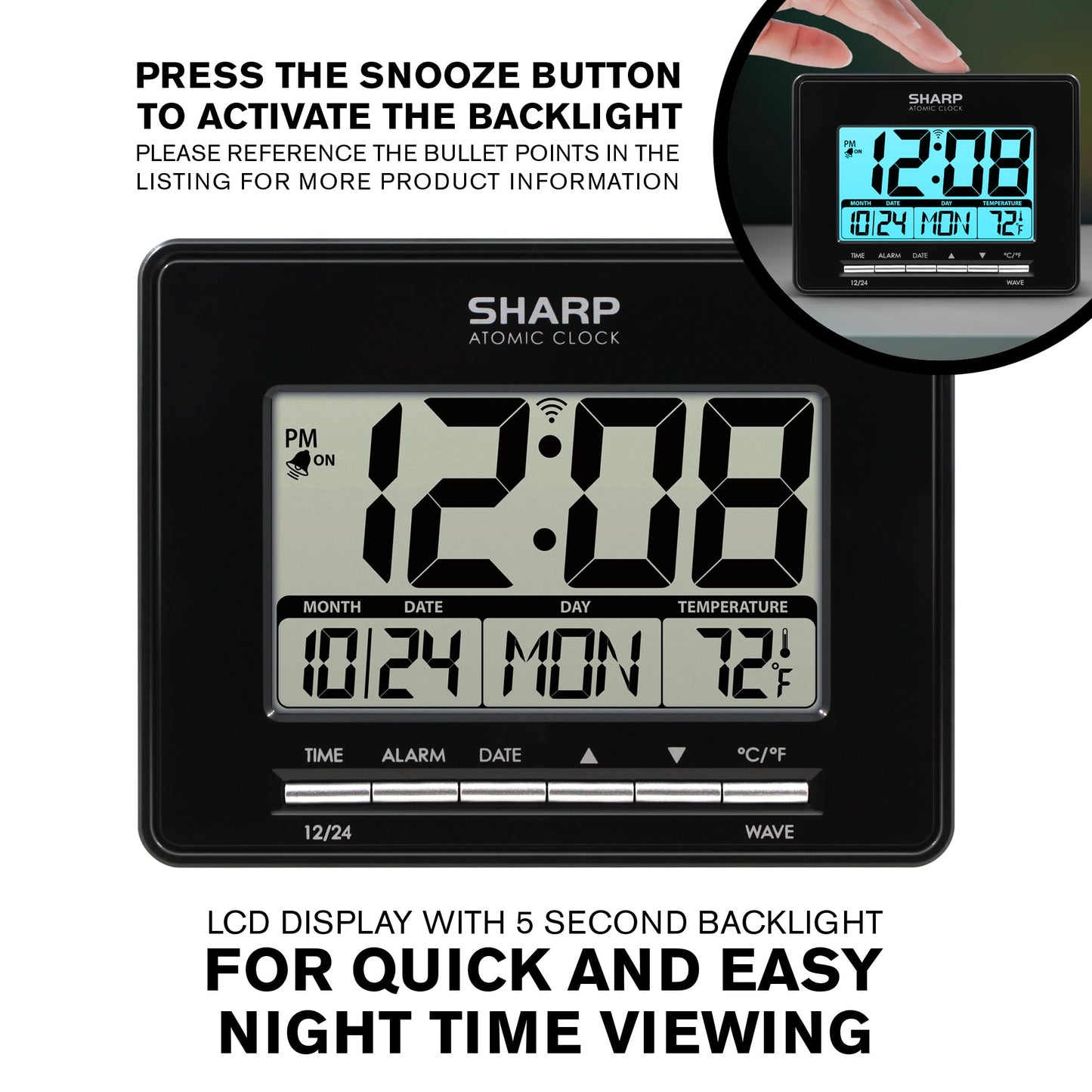 Sharp Atomic Desktop Clock – Auto Set Digital Alarm Clock - Atomic Accuracy - Easy to Read Screen with Time/Date/Temperature Display- Perfect for Nightstand or Desk