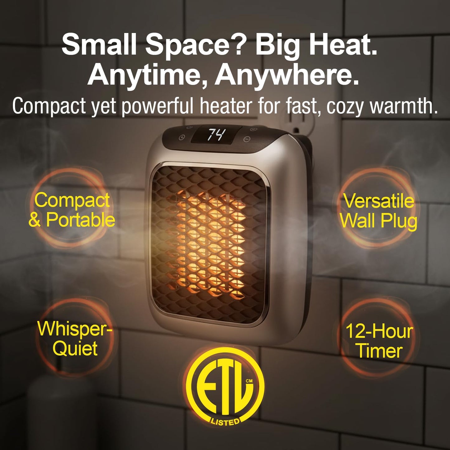 Ontel Handy Heater Turbo Wall Outlet Plug In Heater – Portable Indoor Ceramic Space Heater w/Adjustable Thermostat, 12-Hour Timer, Auto Shut Off, Quiet – Plug In Wall for Office, Bedroom, Camping