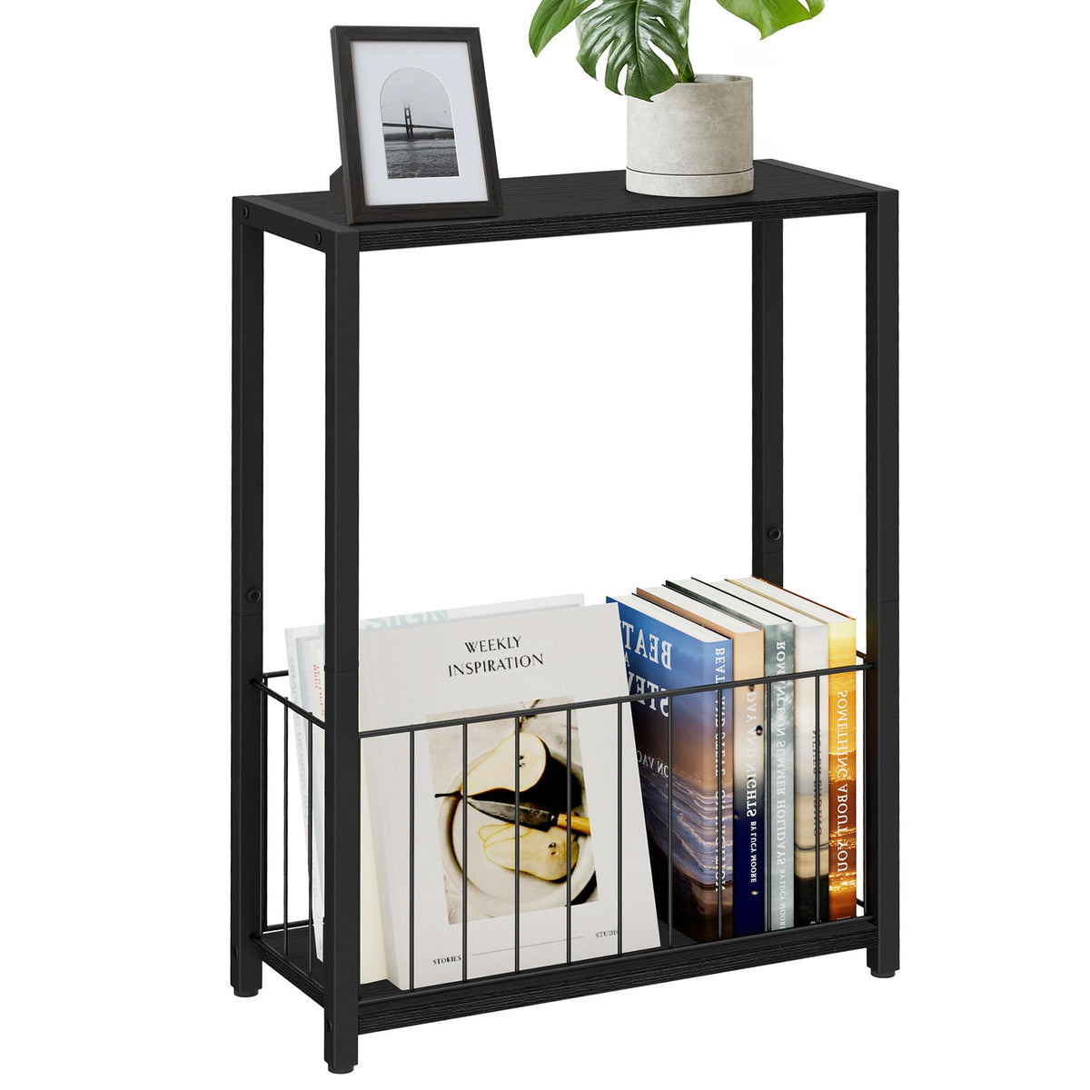 Homleke Narrow Side Table with Magazine Holder, Skinny End Table Perfect for Small Spaces, Space-Saving Design for Living Room, Bedroom, or Office, 7.1" D x 16.9" W x 23.6" H, Black