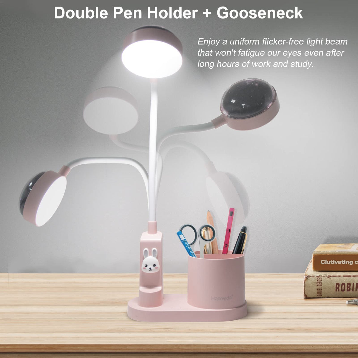 Hacevida Cute Pink Rabbit Lamp for Kids Reading Study - Star Projector/Pen Holder/3 Brightness/Eye Caring, Rechargeable Led Table Desk Lamp for Home Office Dorm Decor, Ideal Birthday Christmas Gifts