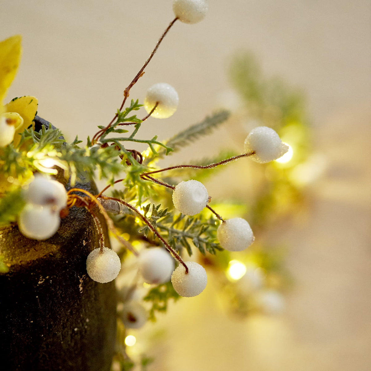 Norfolk Pine String Lights & White Berry 6.5FT & 25LEDs Delicate Christmas Garland with Lights Battery Operated with Remote Ideal for Indoor & Outdoor Decorations Petite Christmas Garland for Mantle