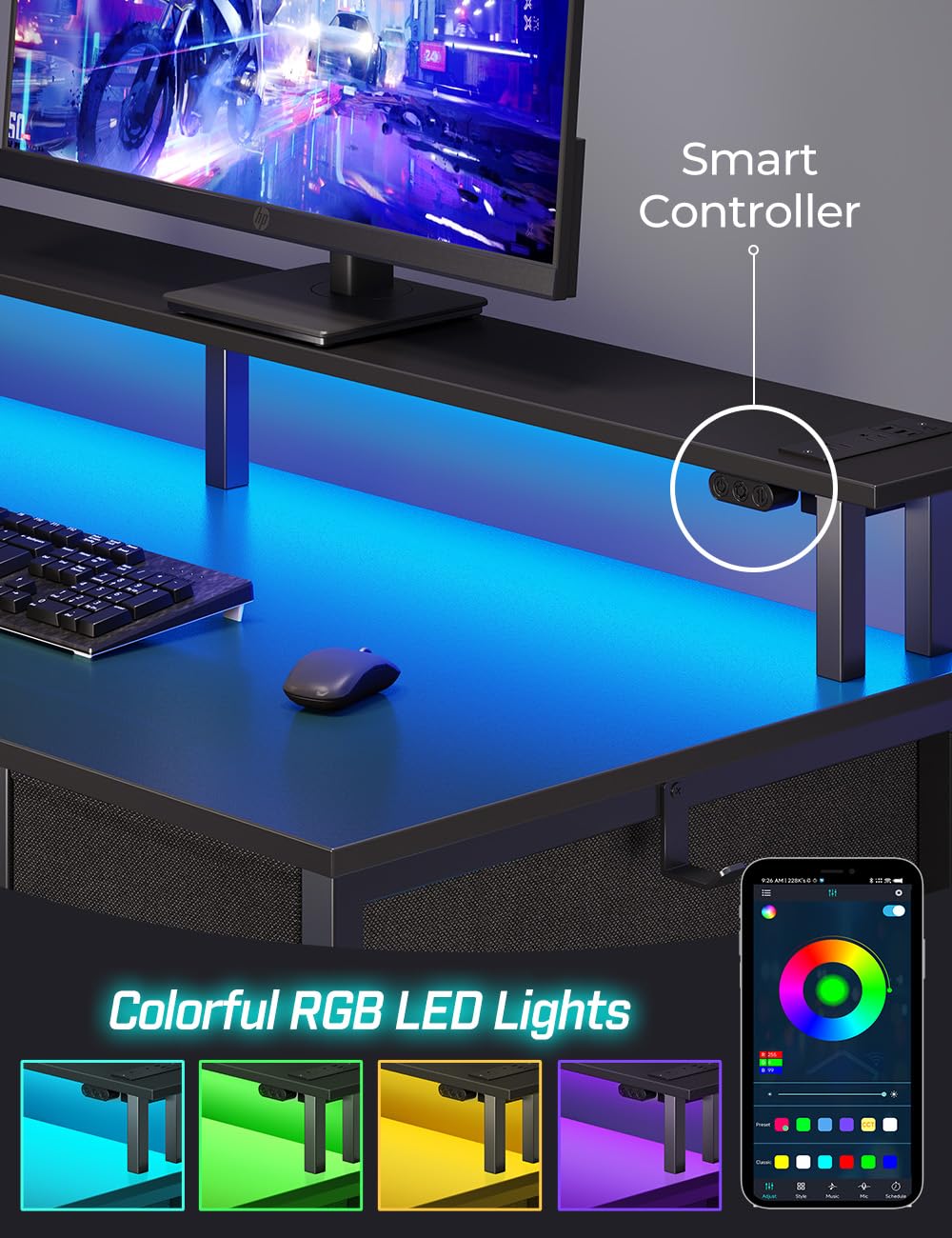 Seventable Computer Desk with Power Outlets & LED Light, 47 inch Home Office Desk with 5 Drawers, Writing Desk with Monitor Stand, Work Desk for Home Office, Black