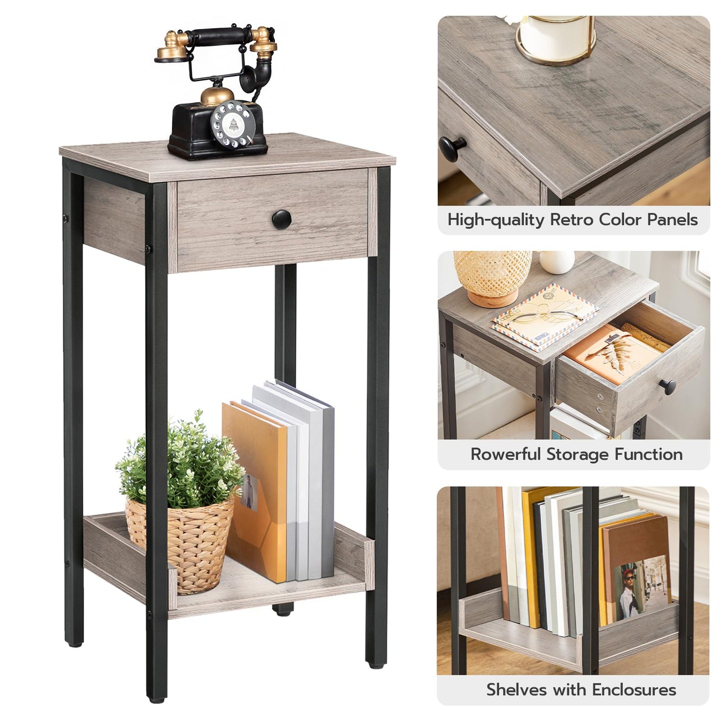 HOOBRO Tall End Table, Nightstand, Industrial Side Table with Drawer and Storage Shelf, for Study, Bedroom, Space Saving, Greige and Black BG71BZ01