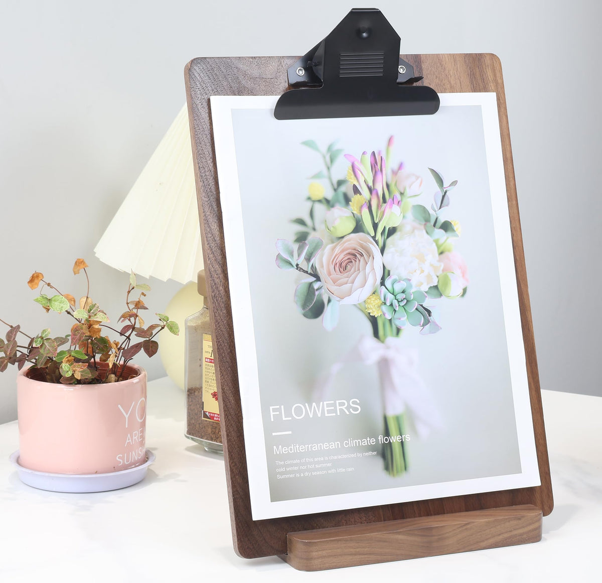 Solid Hardwood Walnut Clipboard with Stand,Wooden Menu Holder for Restaurant,Tabletop Display Stands,Bar Countertop Receipt Holder,Standing Clip Boards 8.5x11 with High Capacity Metal Clip