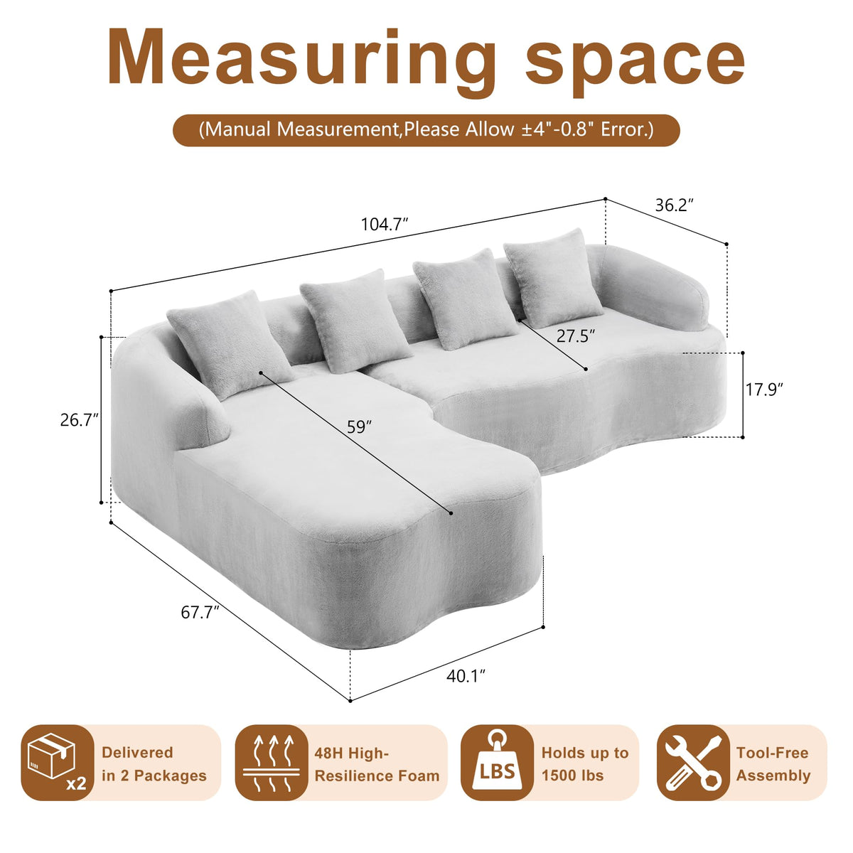 104.7” Cloud Sectional Sofa with Chaise Lounge, Boneless Curved Couch, Deep Seat Chenille Fabric Oversized Modern Sofa for Apartment Living Room