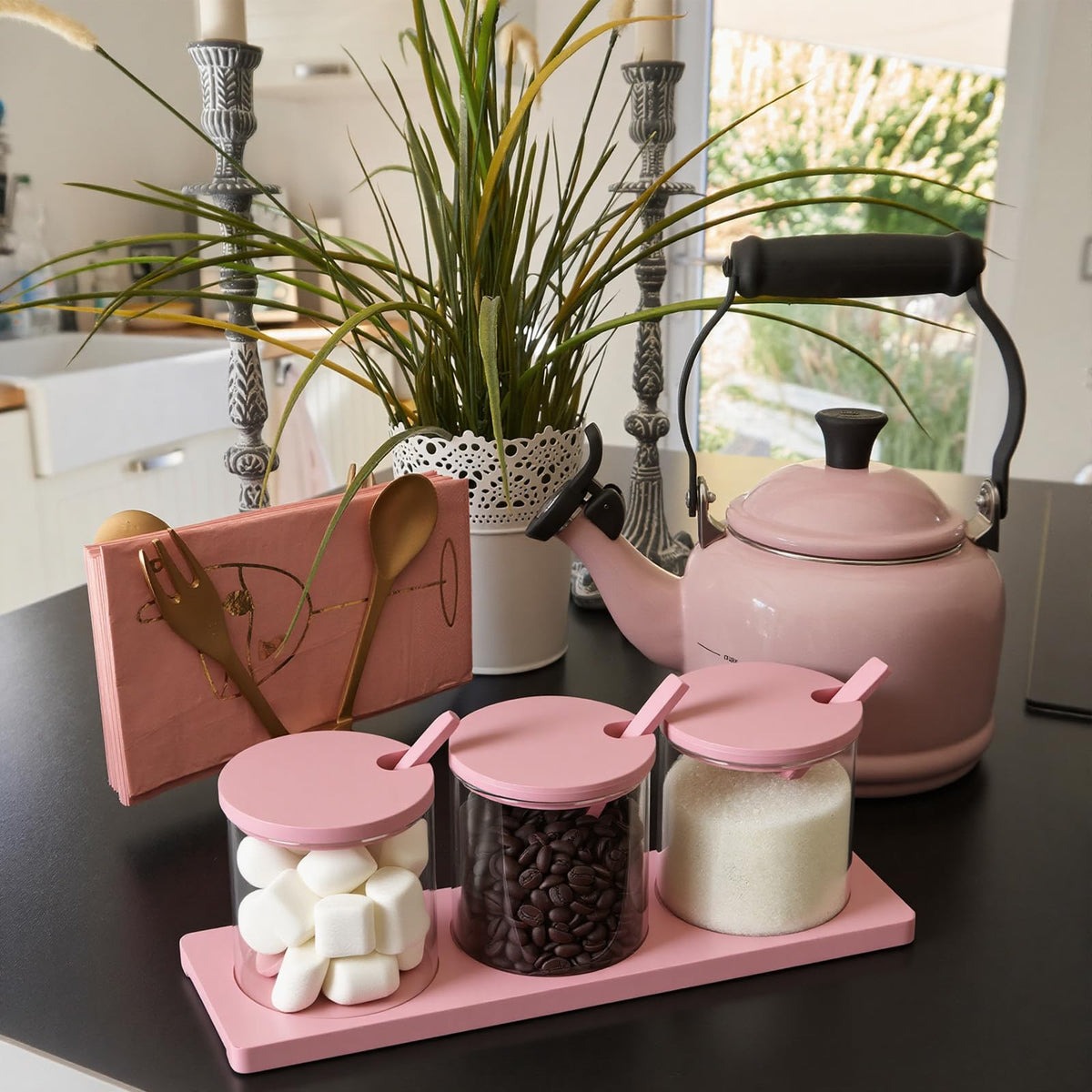 Willinglong 3 Pcs Coffee Bar Accessories Set Glass Condiment Jars with Wooden Lids Spoons, Spice Jar Set with Tray, Sugar Tea Containers for Coffee Station Organizer Kitchen Decoration(Pink)