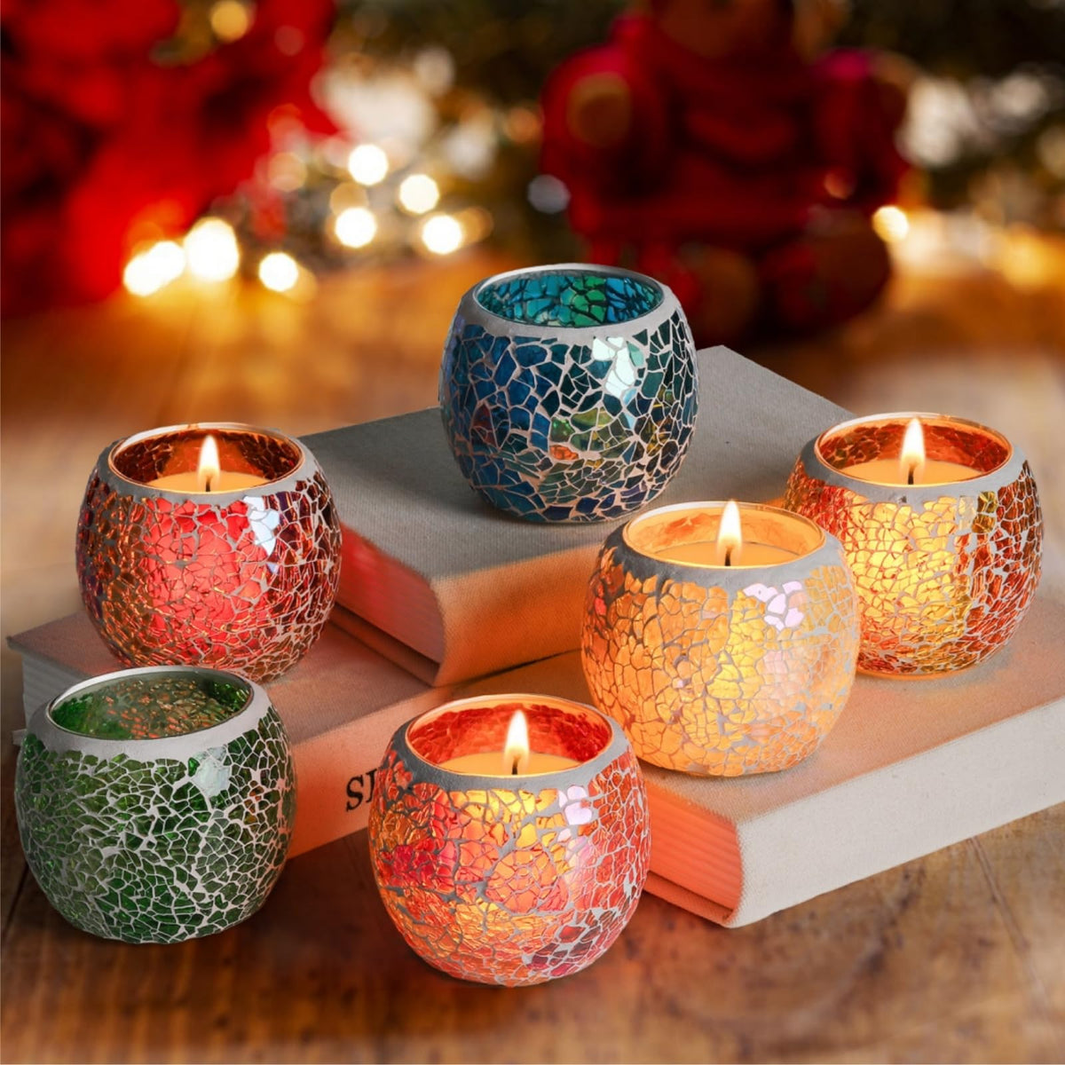 Covzoe 6 Pack Glass Votive Candle Holder, Romantic Stained Mosaic Tealight Holder, Aromatherapy Candle Lamp, Tea Light Holder Cup for Wedding Table Centerpiece, Home Decor, Christmas Party