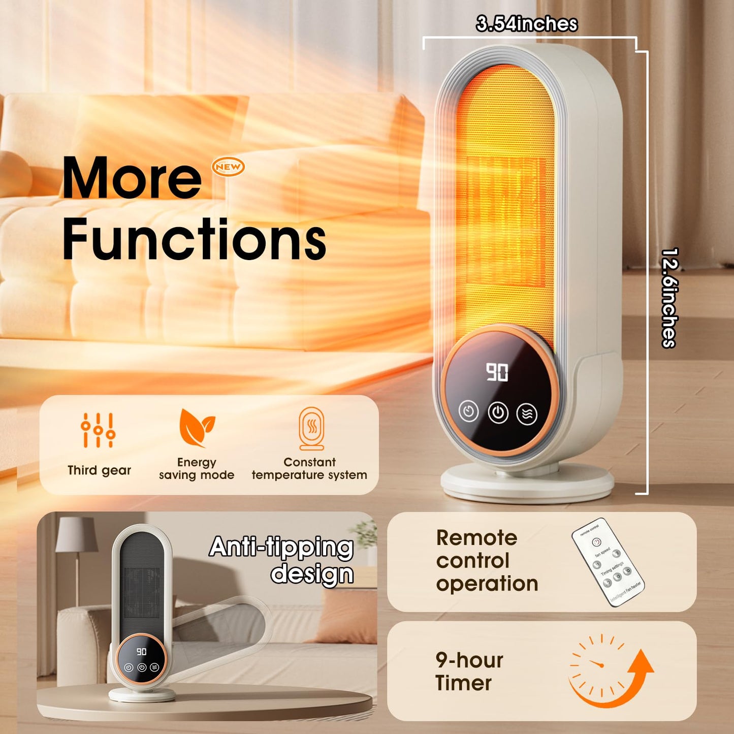 Space Heater Indoor - Energy Efficient Portable Heater with Adjustable Thermostat,1200W PTC Rapid Heating Ceramic Technology with Remote,Intelligent Timing
