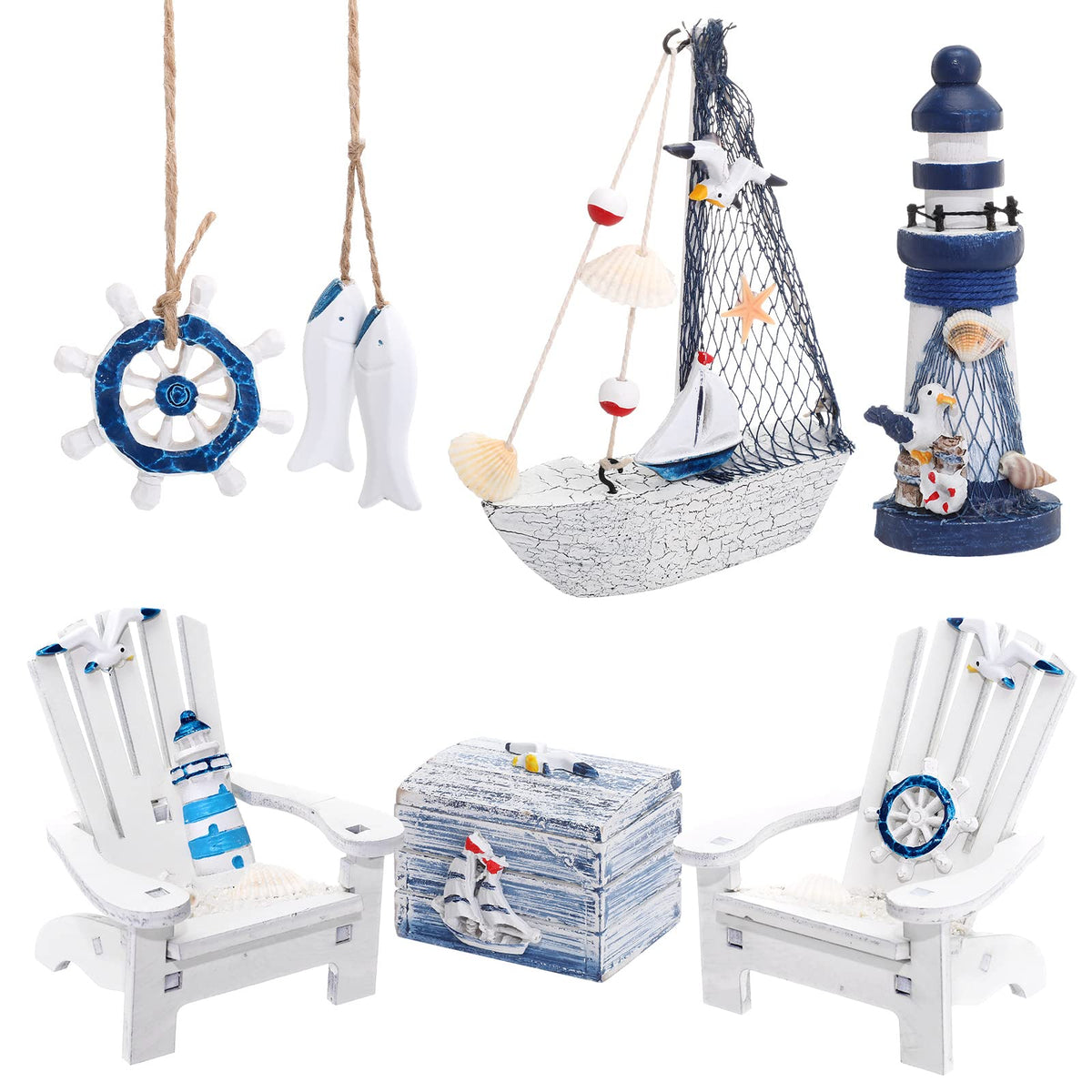7 Pieces Wooden Box Wooden Lighthouse Mini Sailboat Anchor Fish Hanging Starfish Model Spring Summer Easter Tree Ornament Decoration Aquarium Decor Landscape Tank Ornament Office Mini Garden Landscape