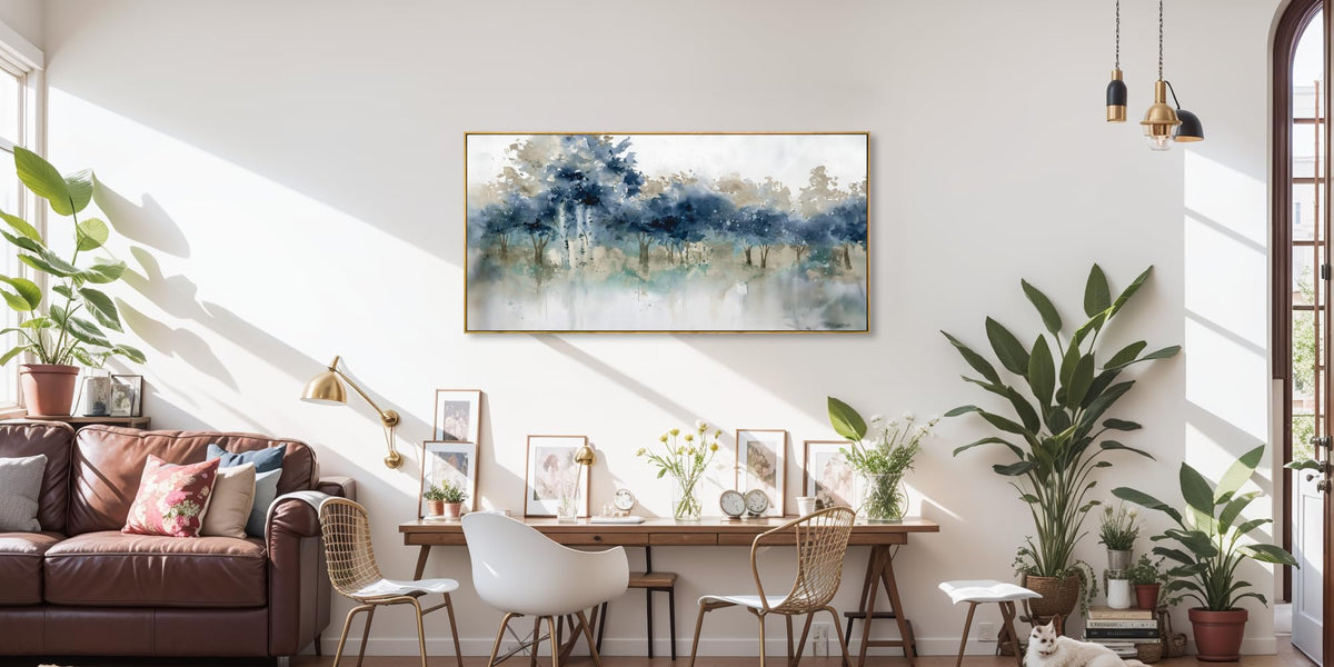 Wall Art Landscape Modern Wall Decor Canvas Painting Blue Ink Wall Art Large Artwork for Living Room Bedroom Office Home Decor 20"x40" with Framed