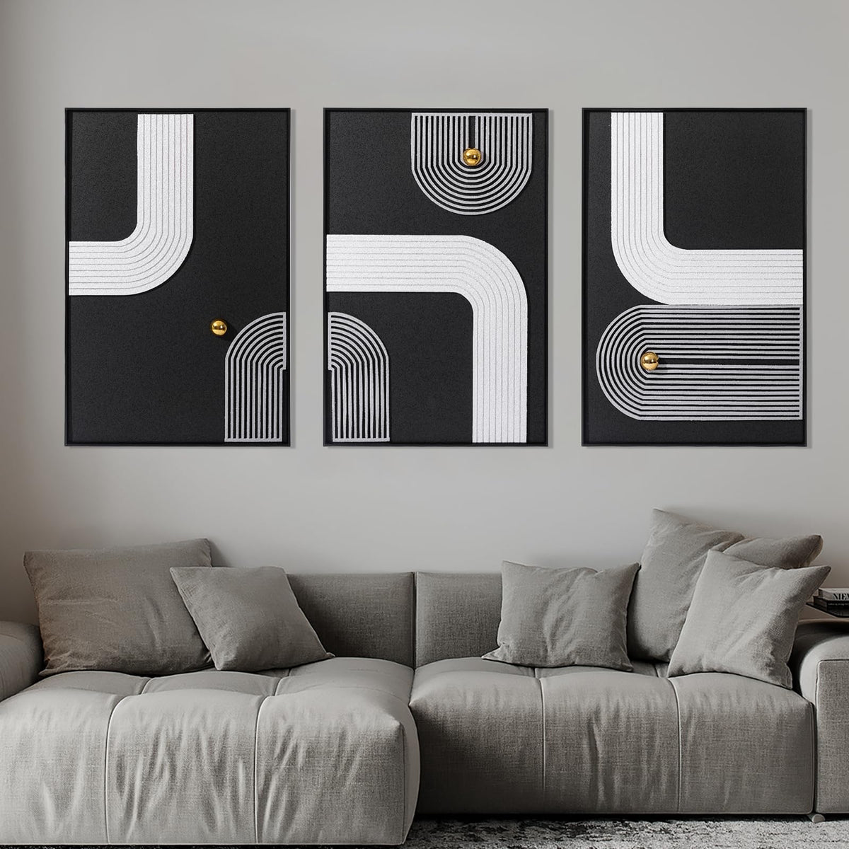 AMAATE 3 Pieces 3D Sandstone Wall Art, Black Metal Framed Abstract Geometric Wall Decor with Gold Spheres, Black White Texture Luxury Relief Paintings for Living Room Bedroom Office, 16x24 Inches, Ready to Hang