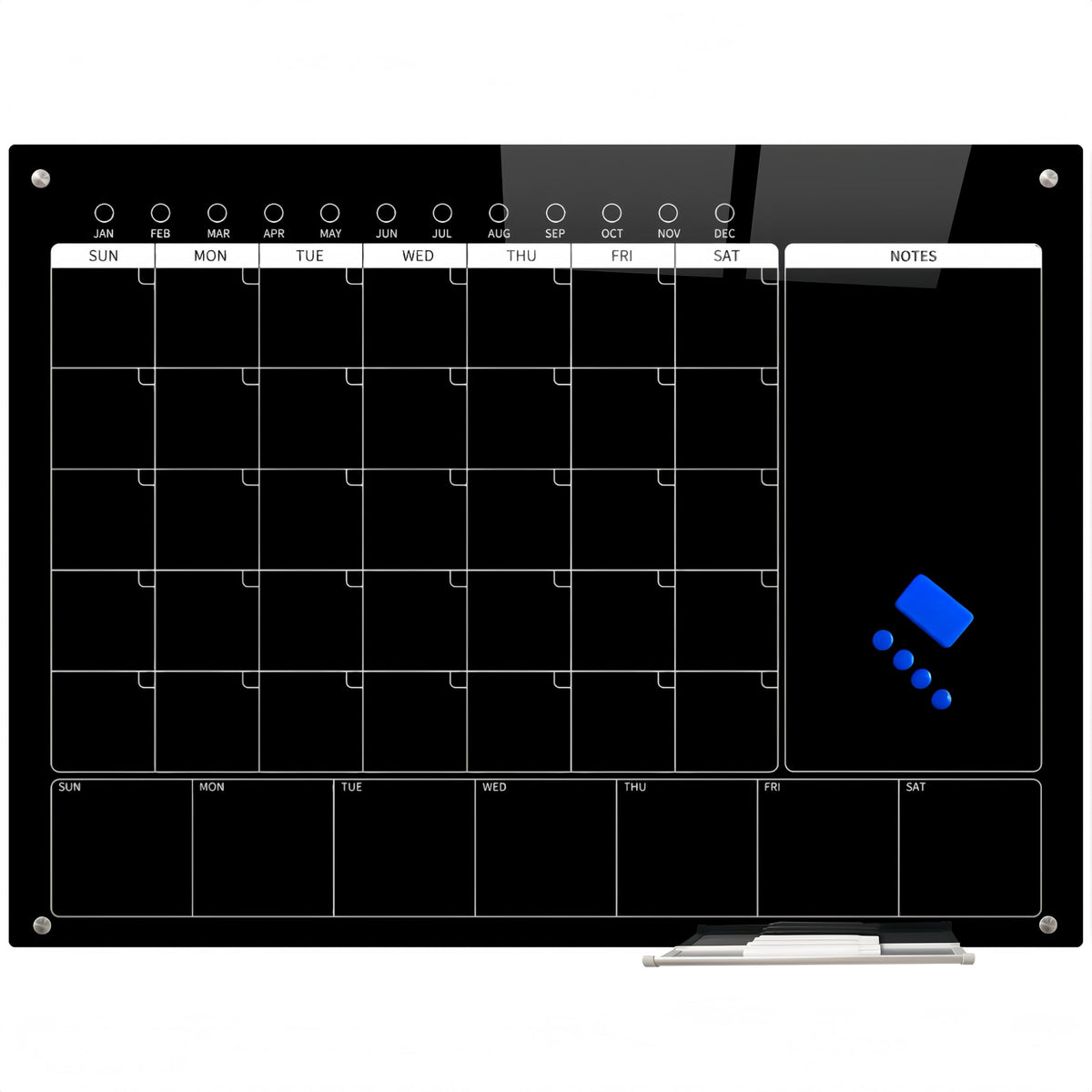 48" x 36" Magnetic Black Glass Calendar 3-in-1 Monthly & Weekly Planner - Frameless Premium Tempered Dry Erase Board for Office or Home Kitchen (Includes 6 Markers)