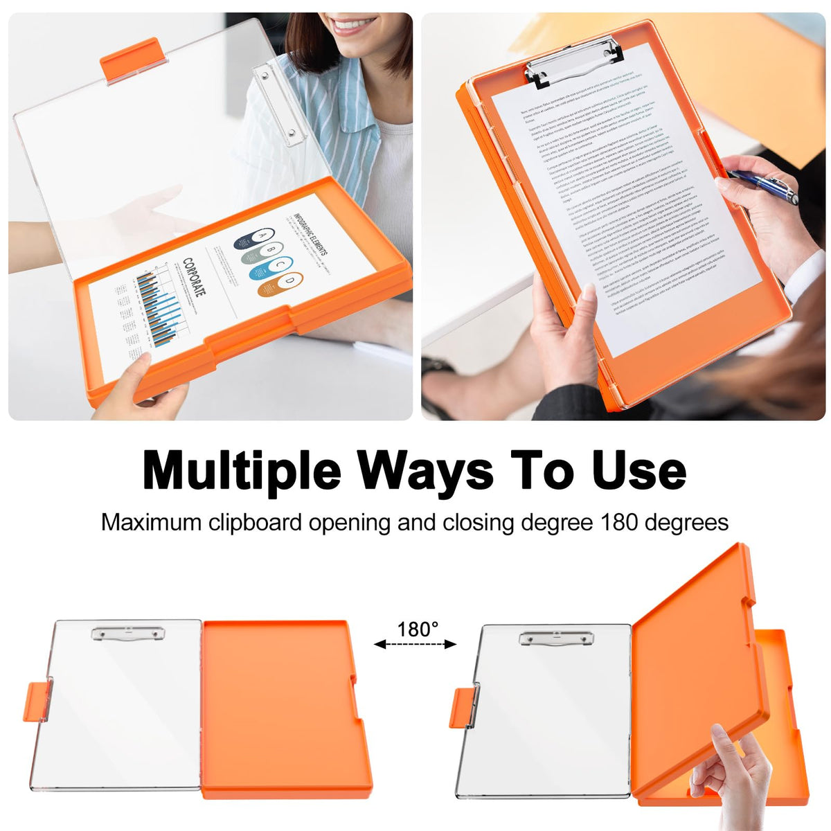 Piasoenc Clipboard with Storage, 8.5 x 11 Clip Boards with 2 Storage Case and A4 Paper Folder, Clear Dry Erase Top Panel, Heavy Duty Plastic, Folio & Side Opening, for Nurses, Teachers, Lawers,Orange