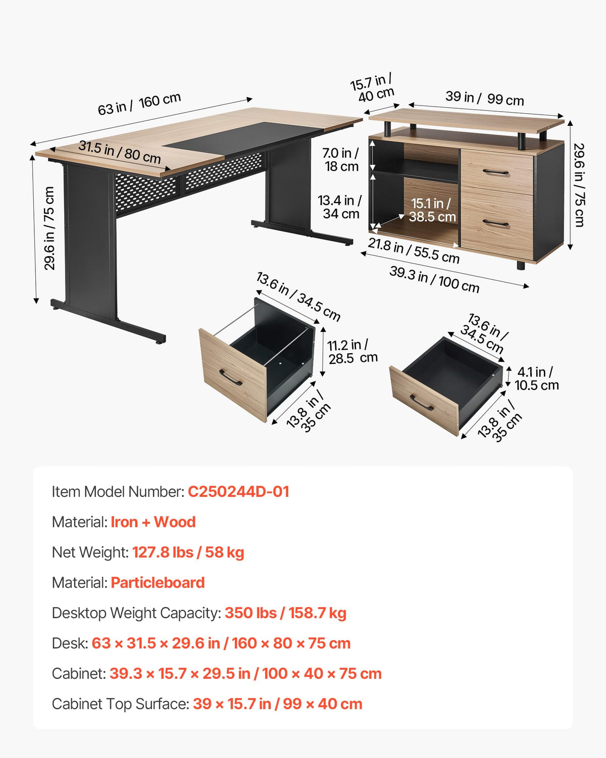 VEVOR 63" L-Shaped Executive Desk, Large Office Desk with Drawers, File Storage Cabinet, Detachable 350 LBS Load Capacity Corner Table, Easy Assembly, Business Furniture Workstation for Home Office