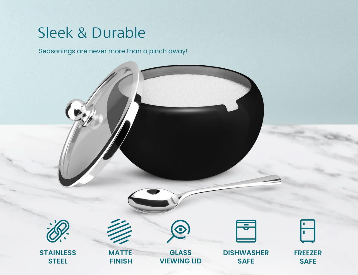 KooK Sugar Bowl, Sugar Bowl with Lid and Spoon, Sugar Container with Lid, for Salt, Coffee, Holds 2 Cups, Dishwasher Safe, Matte Black, 16 Oz