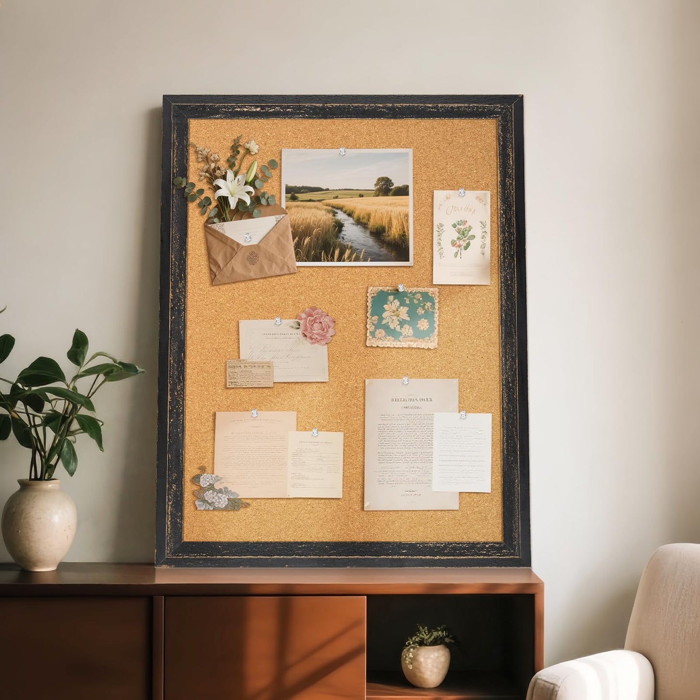 QUEENLINK Cork Board Bulletin Board, 30" x 20" Corkboard for Wall, Rustic Black Wooden Frame, Decorative Hanging Pin Board for Home Office Room Decor, 10 Push Pins