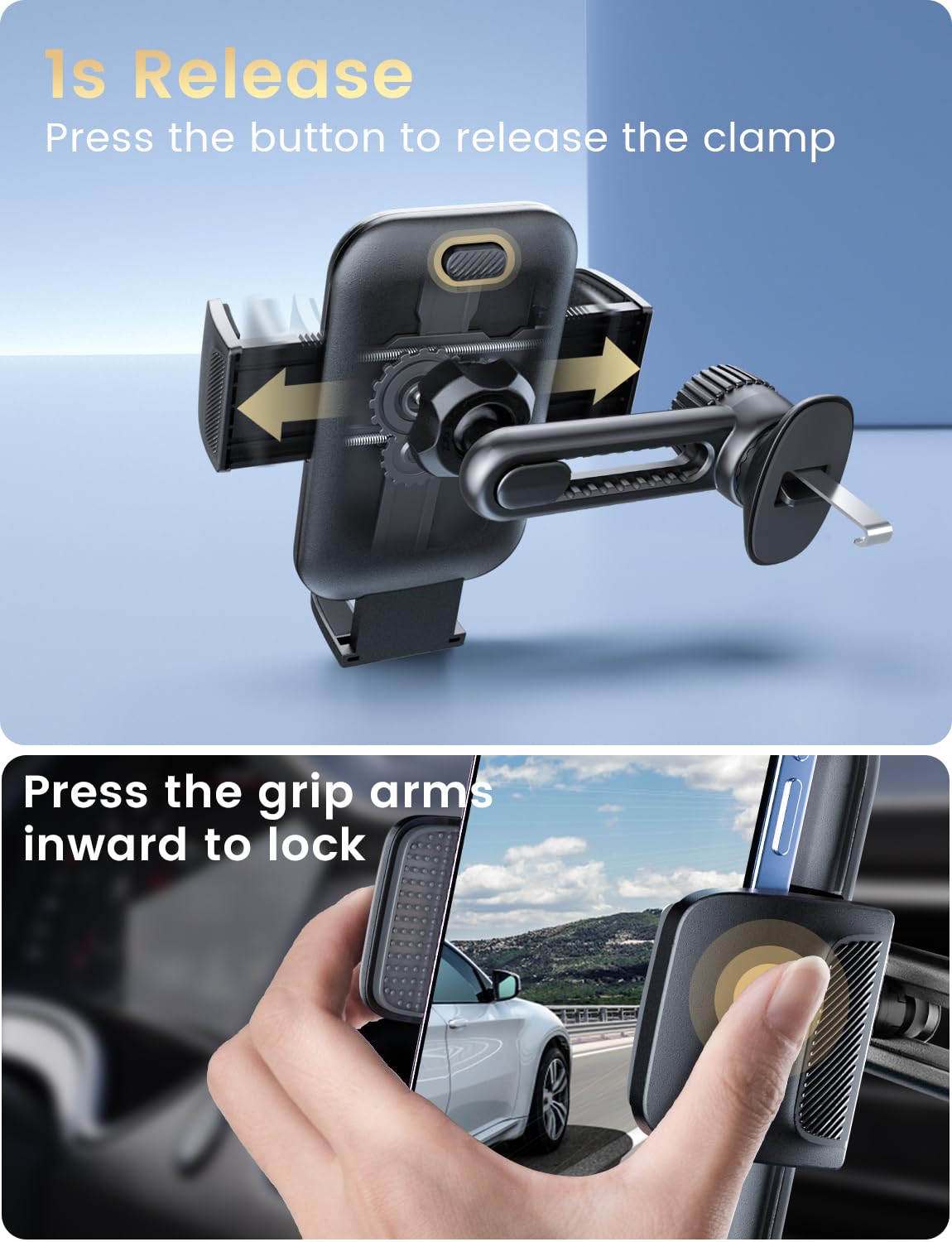 Holdersafe Phone Holders for Your Car: [Never Blocking] Air Vent Cell Phones Mount for iPhone 17 Pro Max & Samsung Android Smartphone [Thick Cases Friendly] Hands-Free Auto Mobile Phone Stand