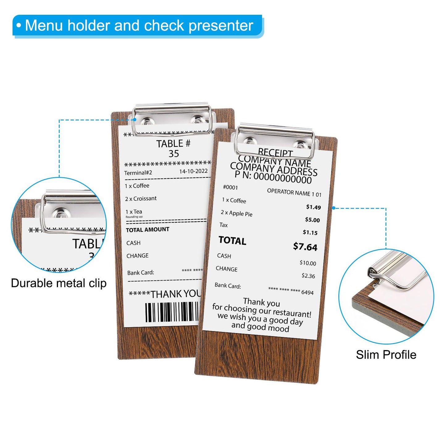 PATIKIL Check Presenters for Restaurants, 20Pcs Mini Clipboard Wood Check Holder Half Page Menu Holder for Restaurant Cafe Waitress Guest Check Server, Brown