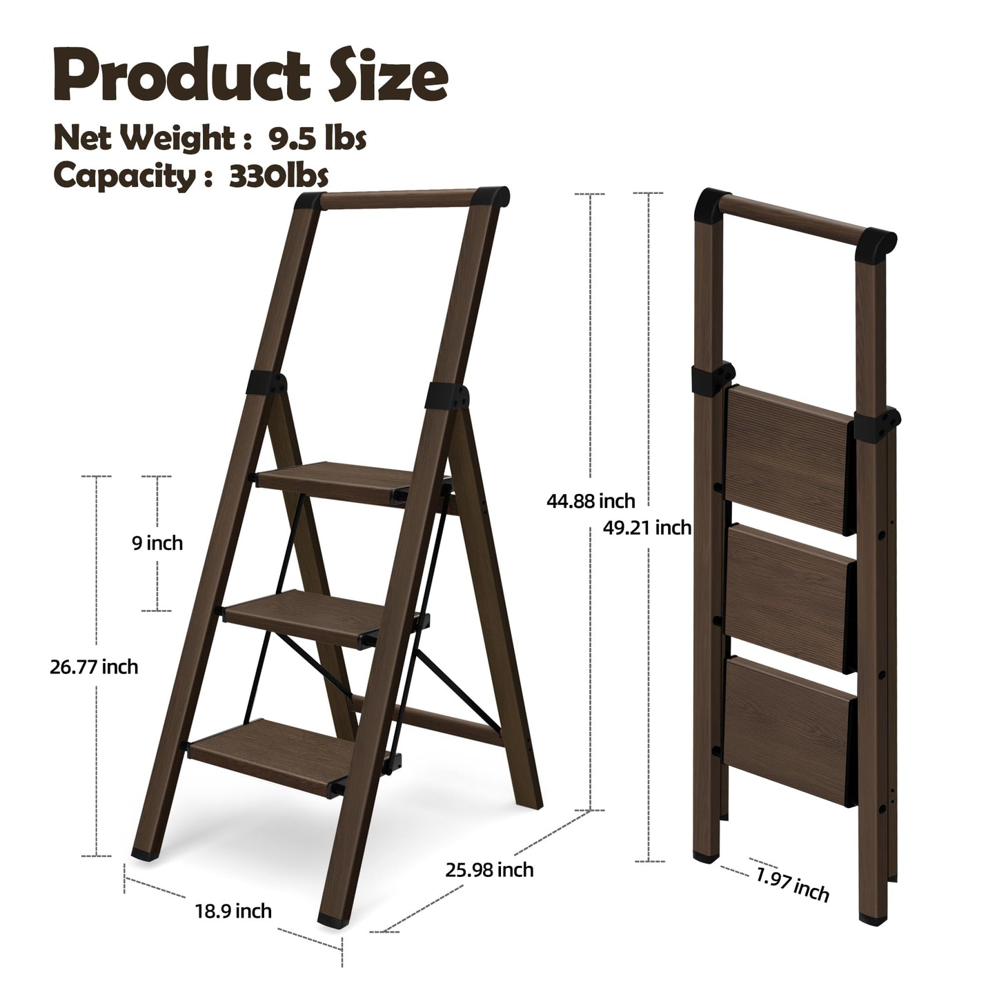HillhutApex 3 Step Foldable Aluminum Step Ladder with Handgrip, Anti-Slip Pedal, 330lbs Capacity, Lightweight & Portable for Home, Kitchen, Office, Garage (Walnut)