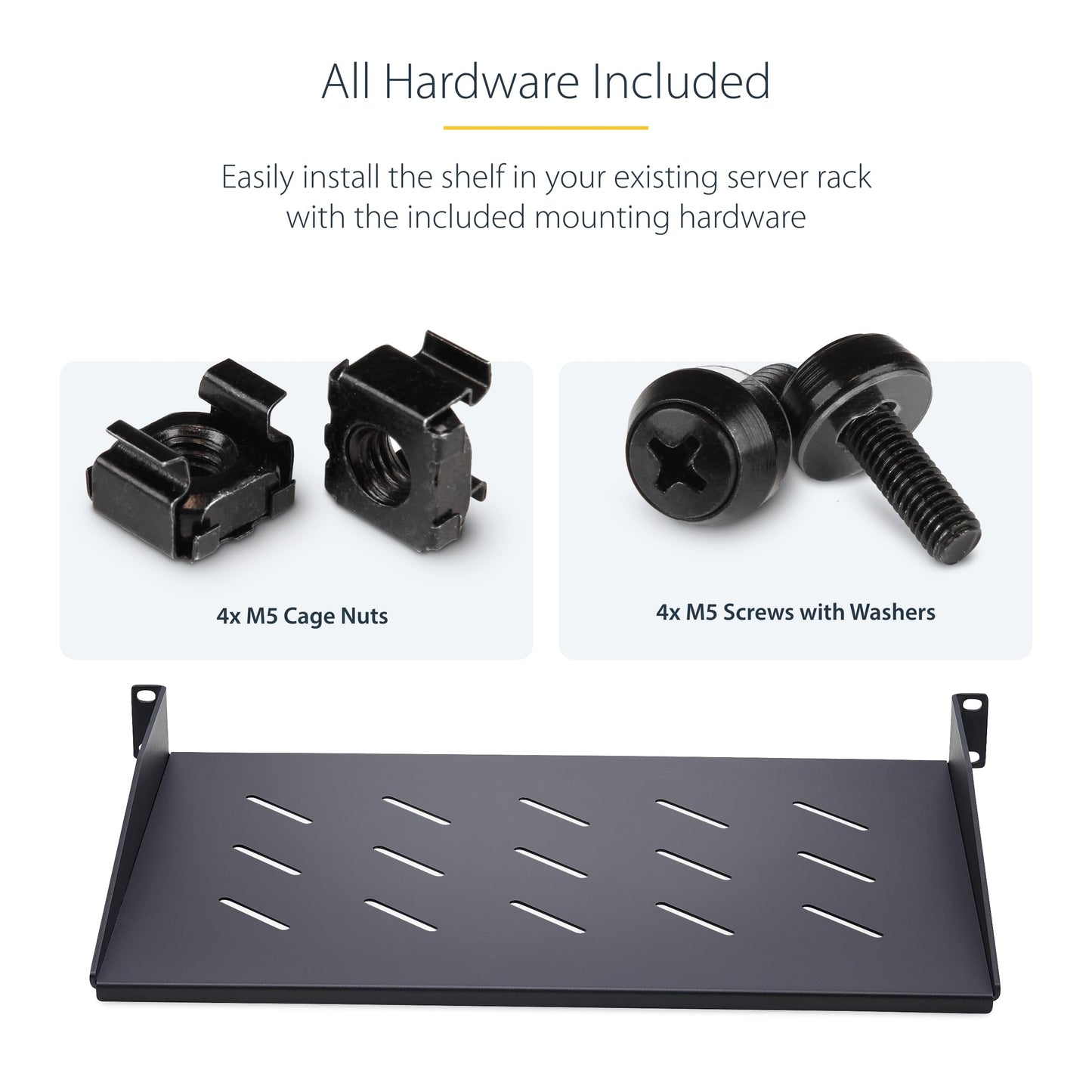 StarTech.com 1U Vented Server Rack Shelf, 12in/31.5cm Mounting Depth, for 19" Rack/Cabinet, SPCC Steel, Max 25lb/11.3kg