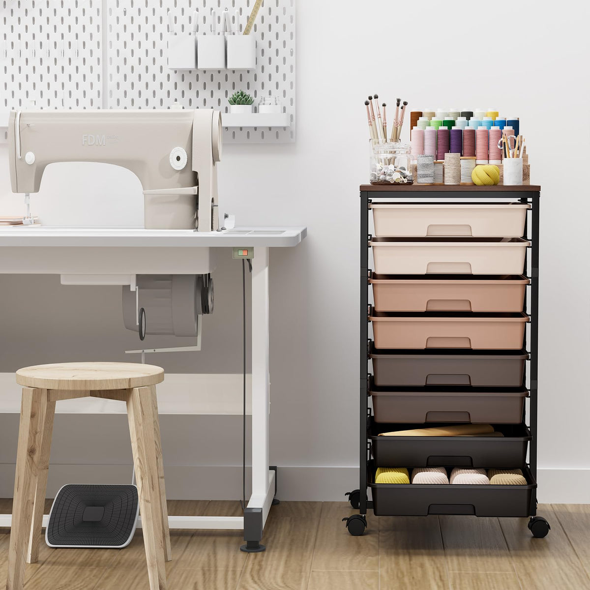 TOOLF Rolling Carts with Wheels, 8-Drawer Utility Cart, Wooden Tabletop Storage Cart for Office, Arts & Crafts, Classroom, Bedroom, Brown